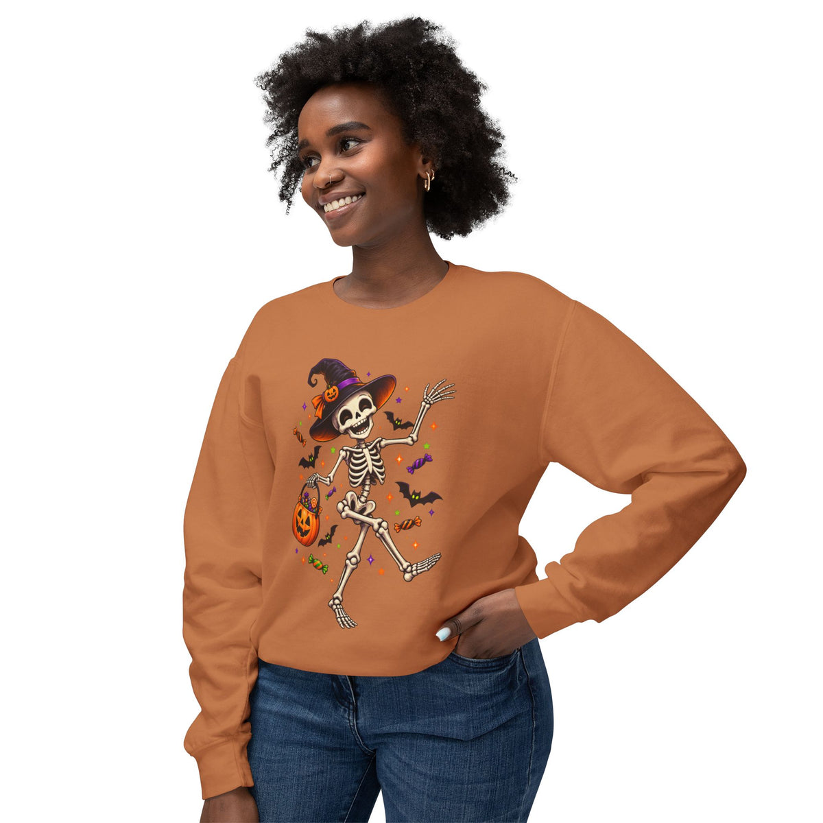 Halloween Dancing Skeleton Sweatshirt — Witch Hat Trick-or-Treat Pumpkin Design