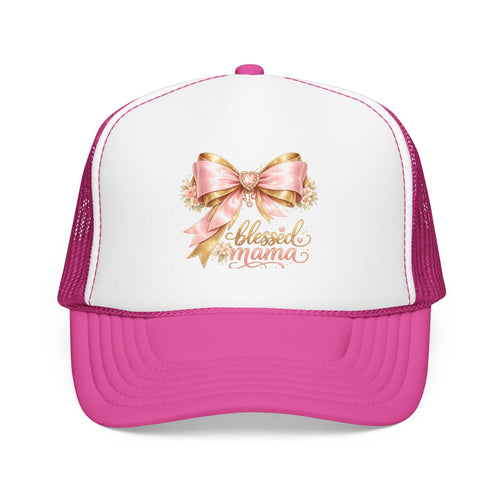 Blessed Mama Trucker Hat — Pink Ribbon Floral Mom Cap