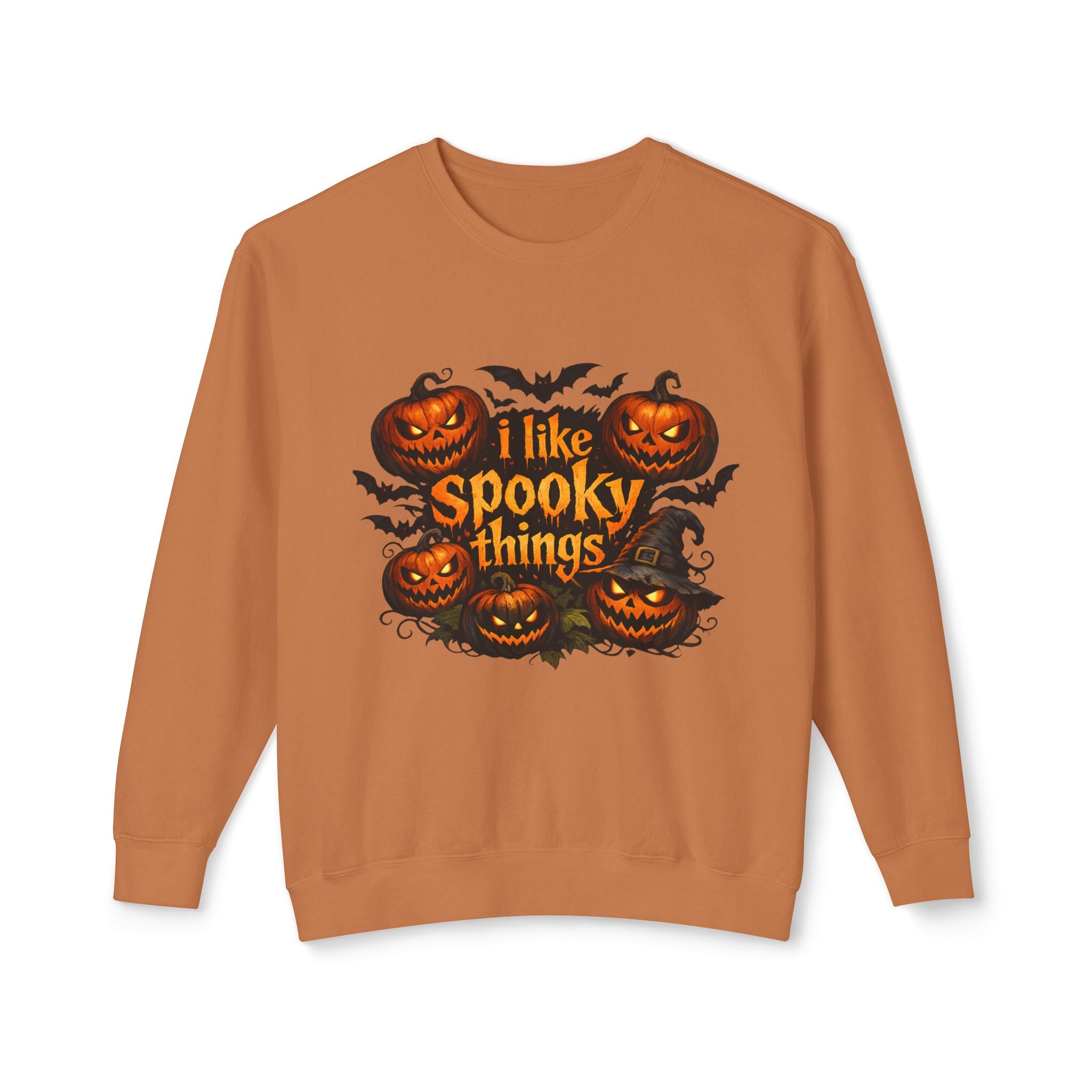 Halloween Sweatshirt — "I Like Spooky Things" Pumpkin & Bats Crewneck