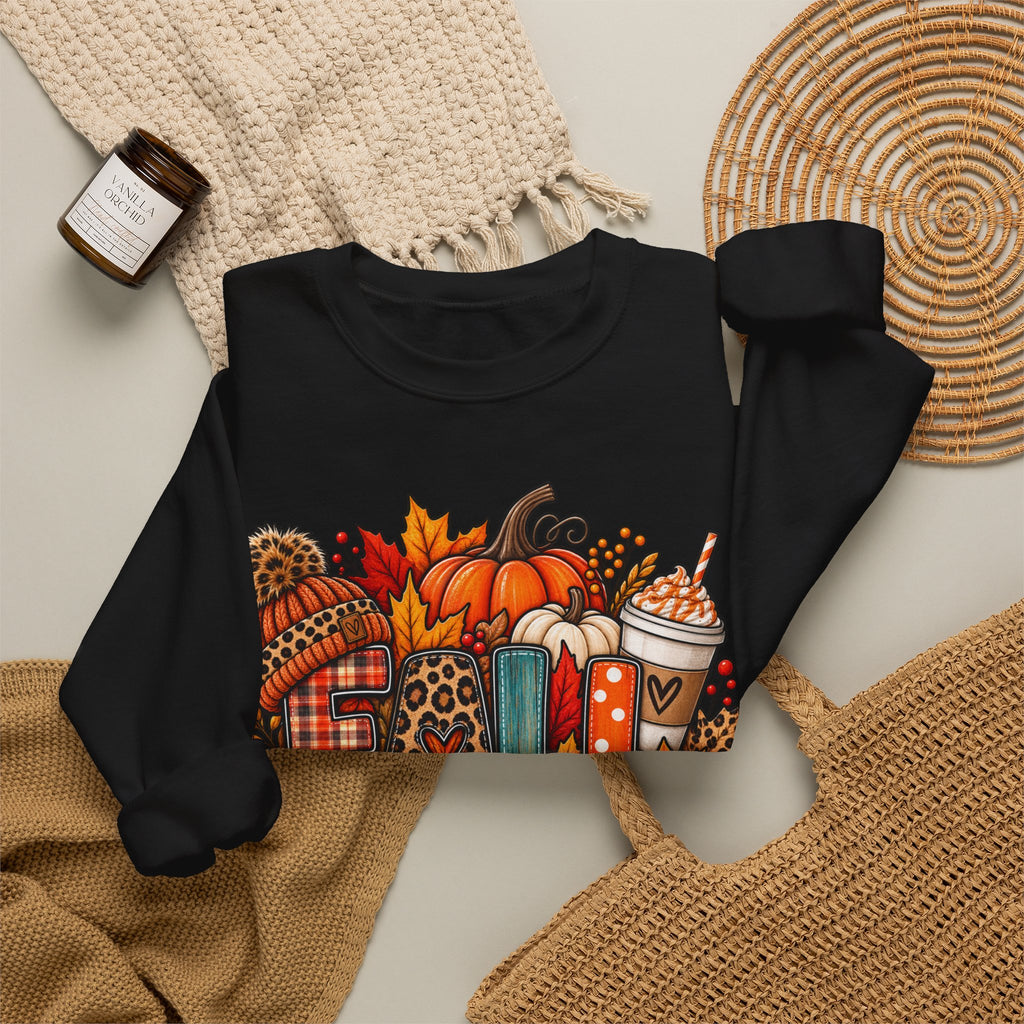 Fall Cozy Crewneck Sweatshirt — Pumpkin, Plaid & Coffee Autumn Graphic