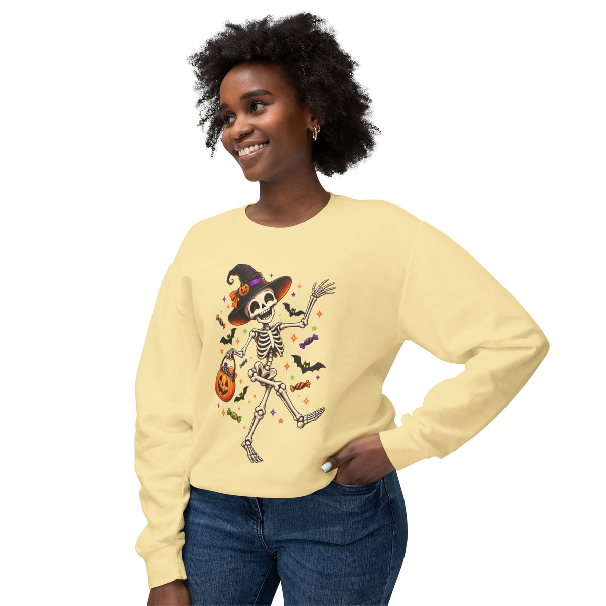 Halloween Dancing Skeleton Sweatshirt — Witch Hat Trick-or-Treat Pumpkin Design