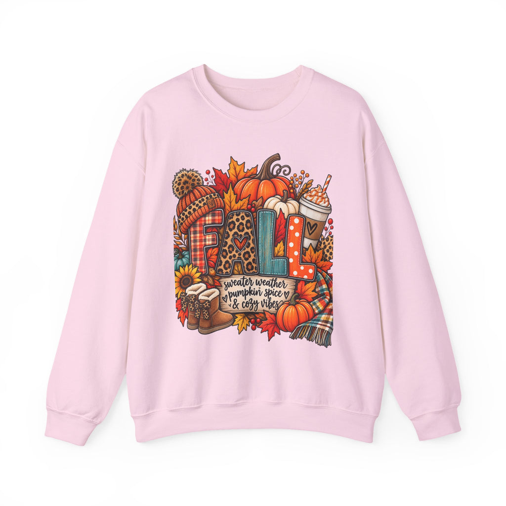 Fall Cozy Crewneck Sweatshirt — Pumpkin, Plaid & Coffee Autumn Graphic