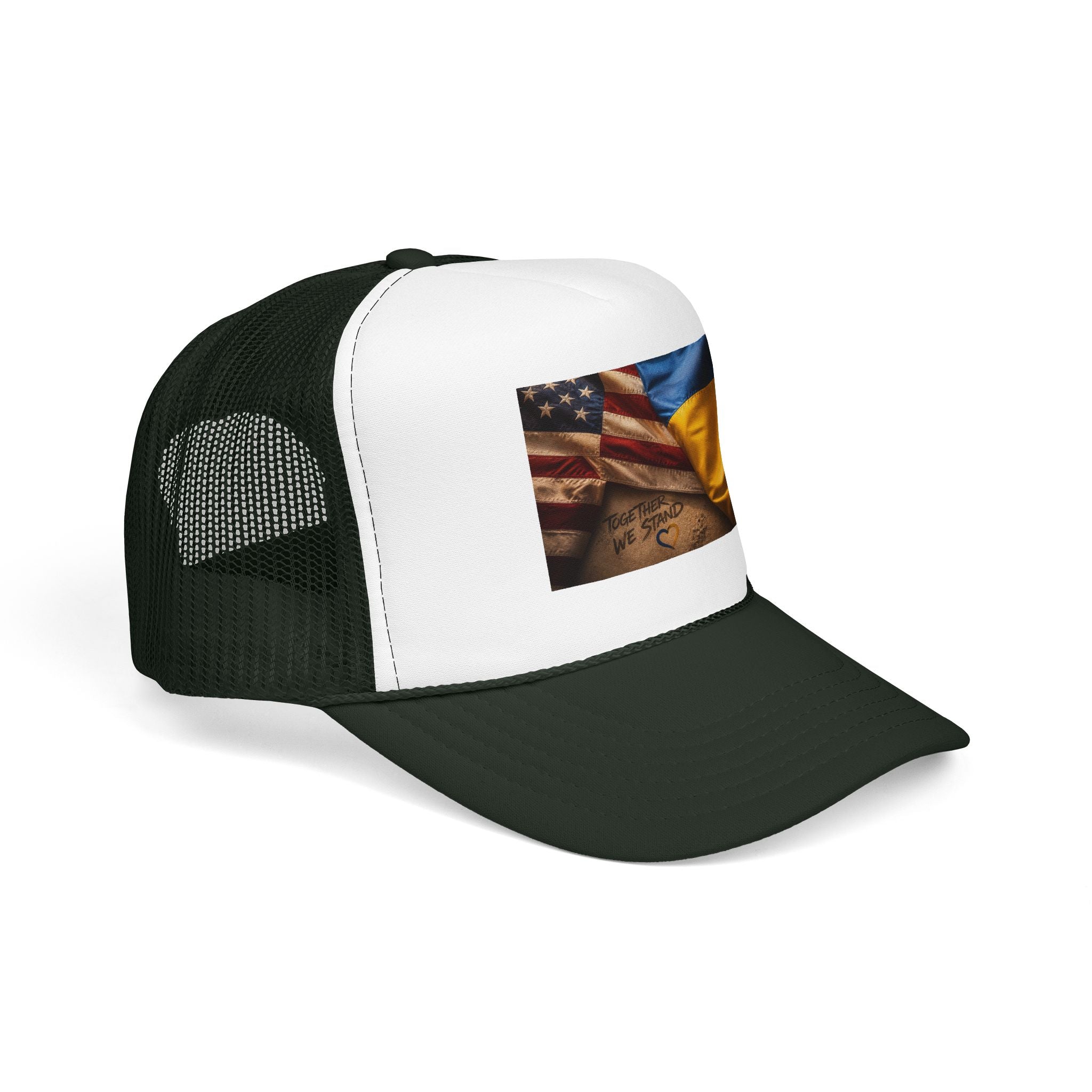 Trucker Hat — American & Ukrainian Flags "Together We Stand" Patriotic Foam Cap