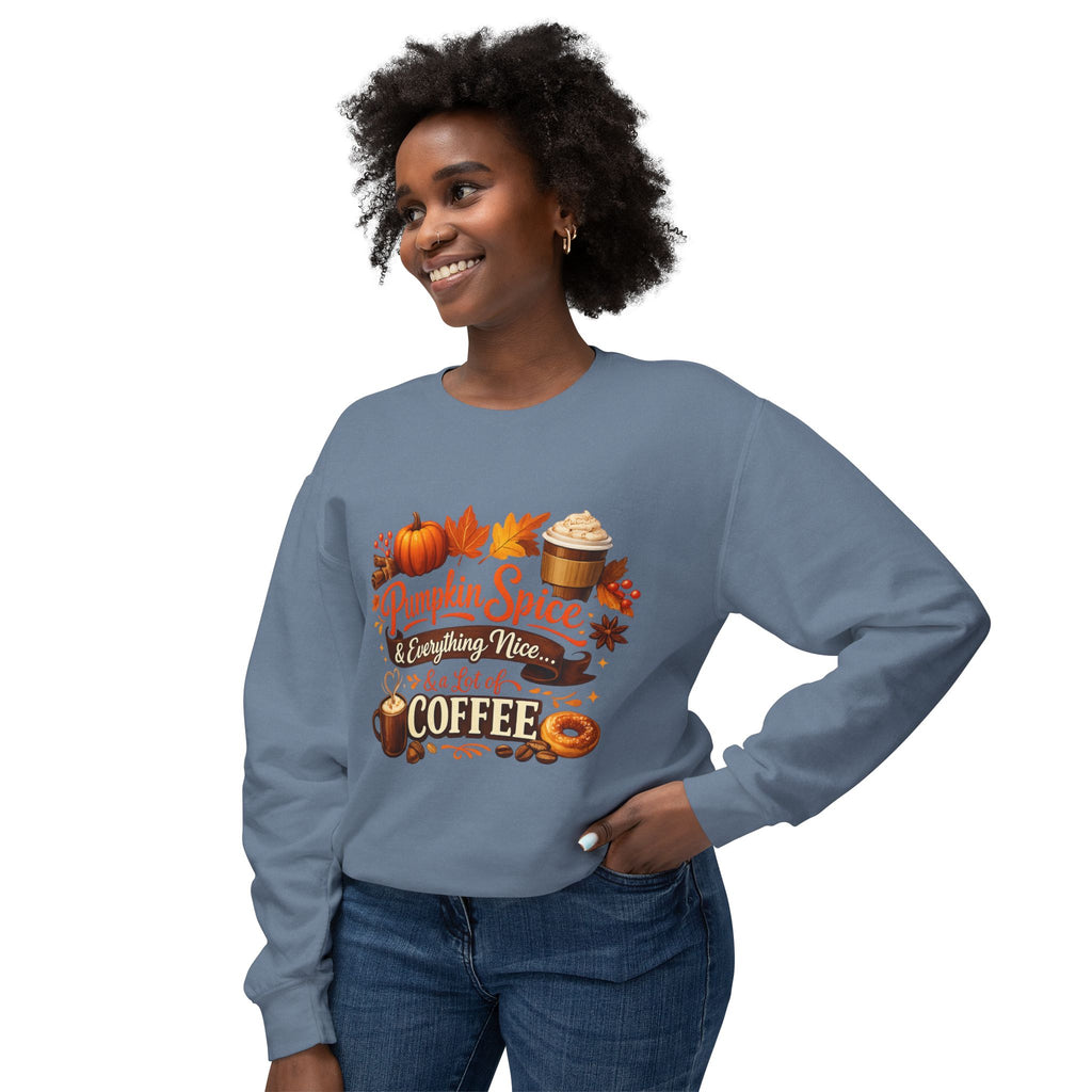 Pumpkin Spice & Coffee Crewneck Sweatshirt — Fall Cozy Coffee Lover Pullover