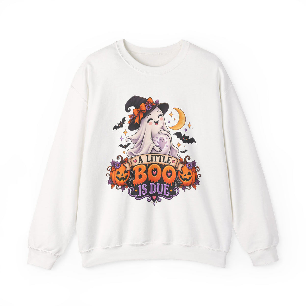 Halloween Maternity Sweatshirt — "A Little Boo Is Due" Ghost Mom Crewneck