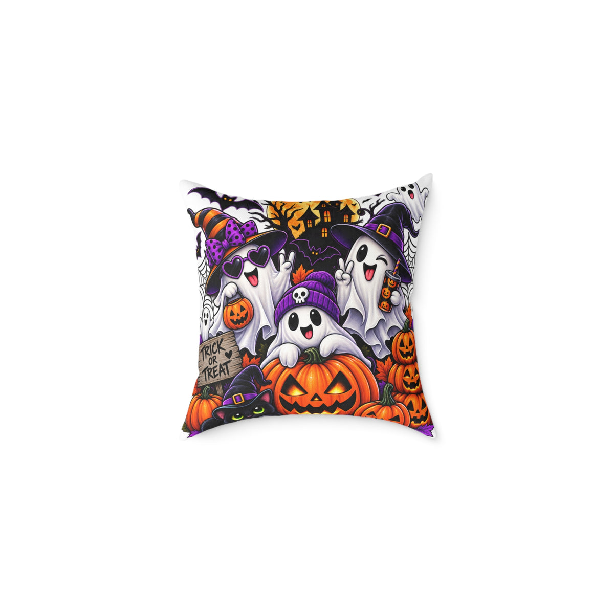 Halloween Ghosts & Pumpkins Square Pillow – Cute Trick-or-Treat Halloween Throw Pillow