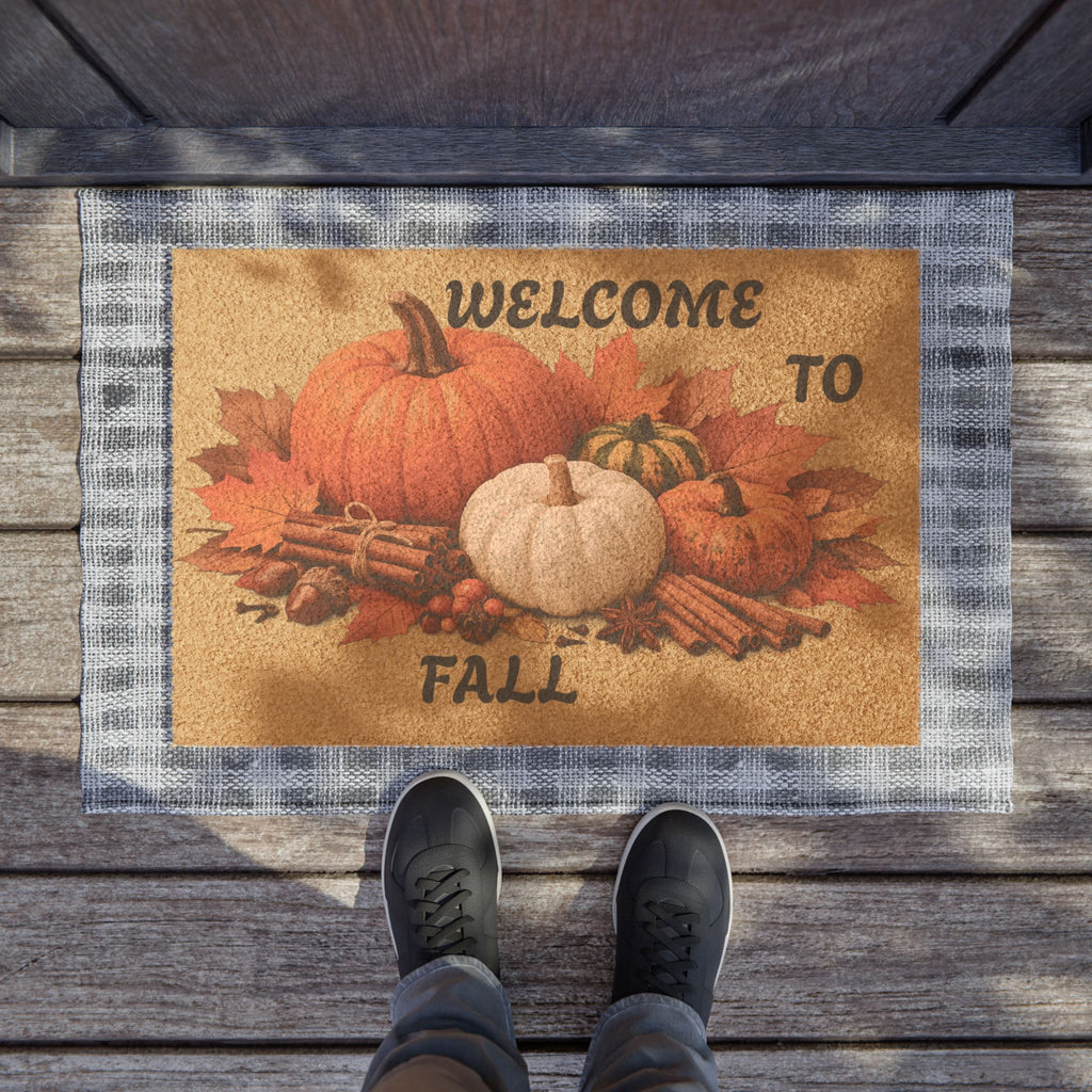 Welcome to Fall Doormat — Autumn Pumpkins & Cinnamon Porch Mat