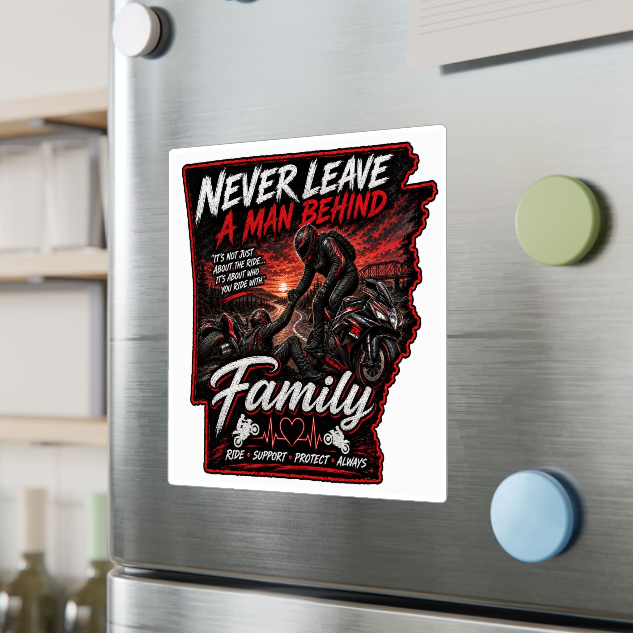 Kiss-Cut Sticker — “Never Leave a Man Behind” Motorcycle Family Rescue Decal