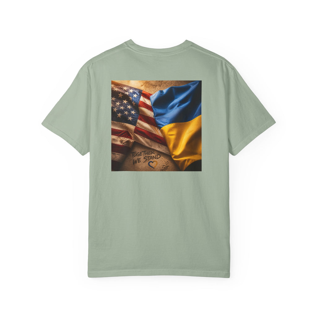 T-Shirt — USA & Ukraine Flag Heart Graphic Tee (Back Flag Image)
