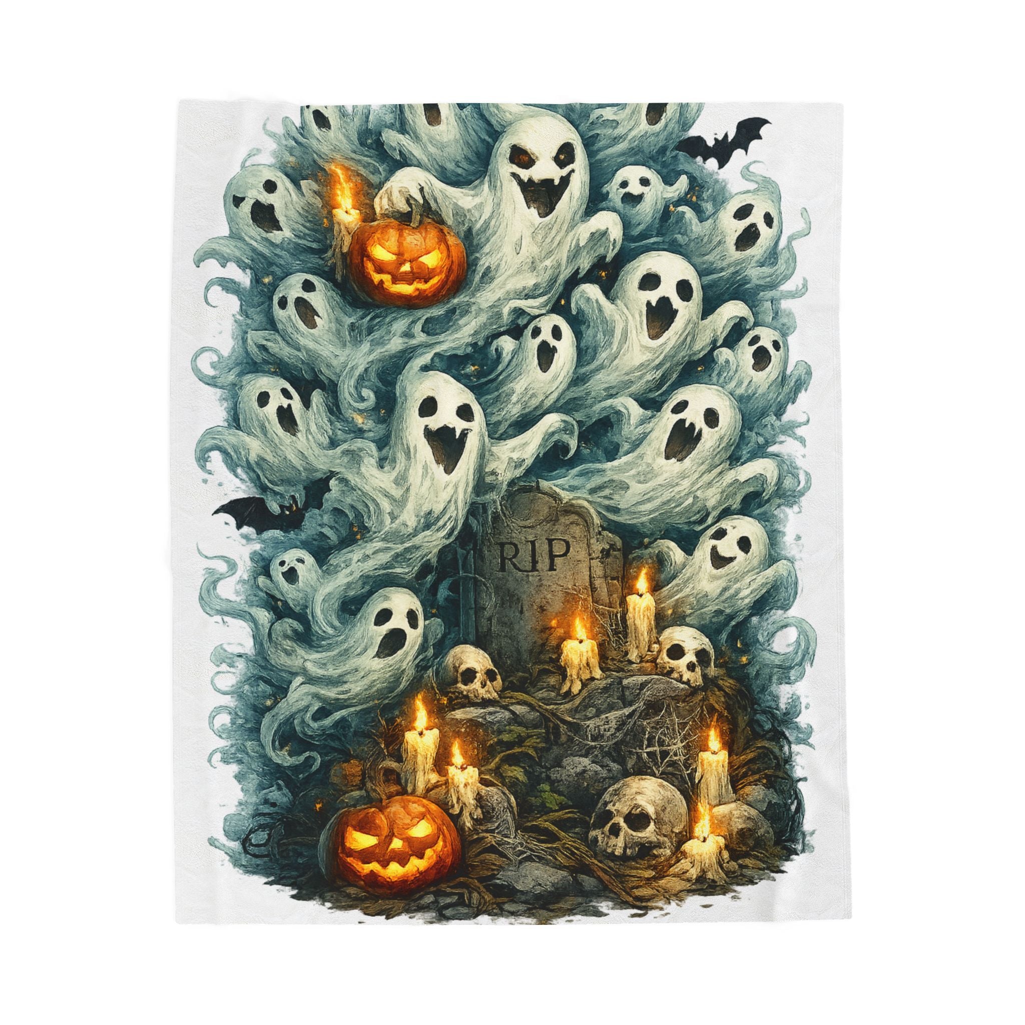 Ghostly Graveyard Velveteen Plush Blanket — Halloween Pumpkin & Skull Throw