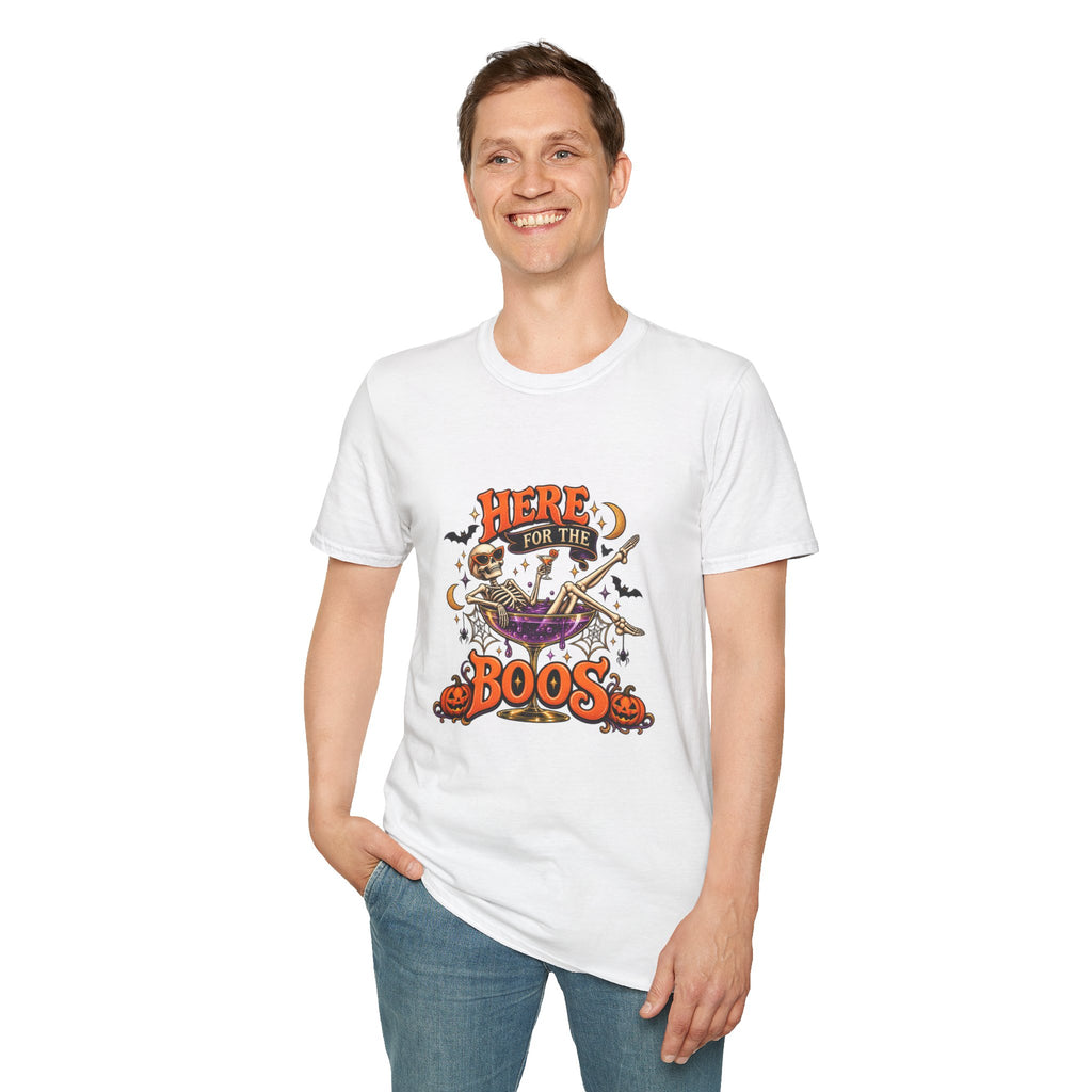 Here for the Boos Halloween T-Shirt — Skeleton Cauldron & Pumpkin Graphic Tee