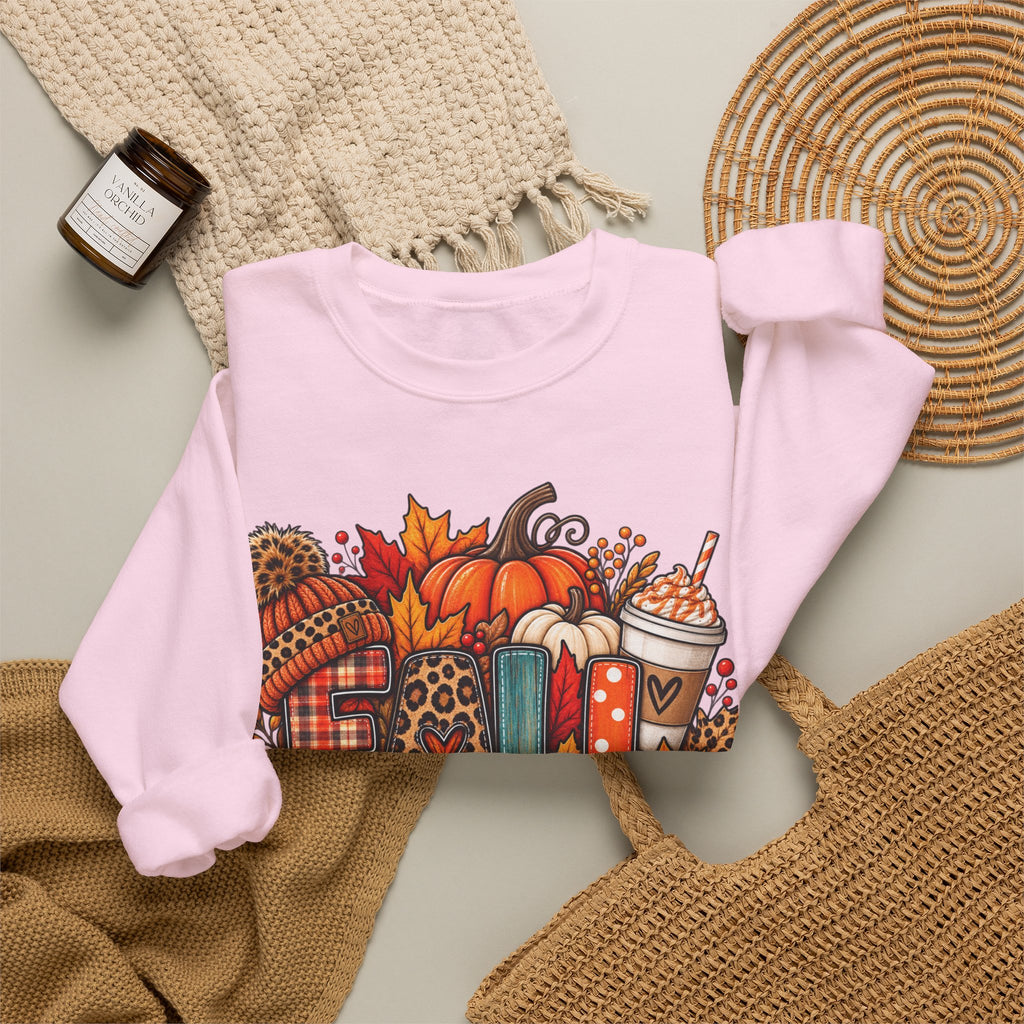 Fall Cozy Crewneck Sweatshirt — Pumpkin, Plaid & Coffee Autumn Graphic