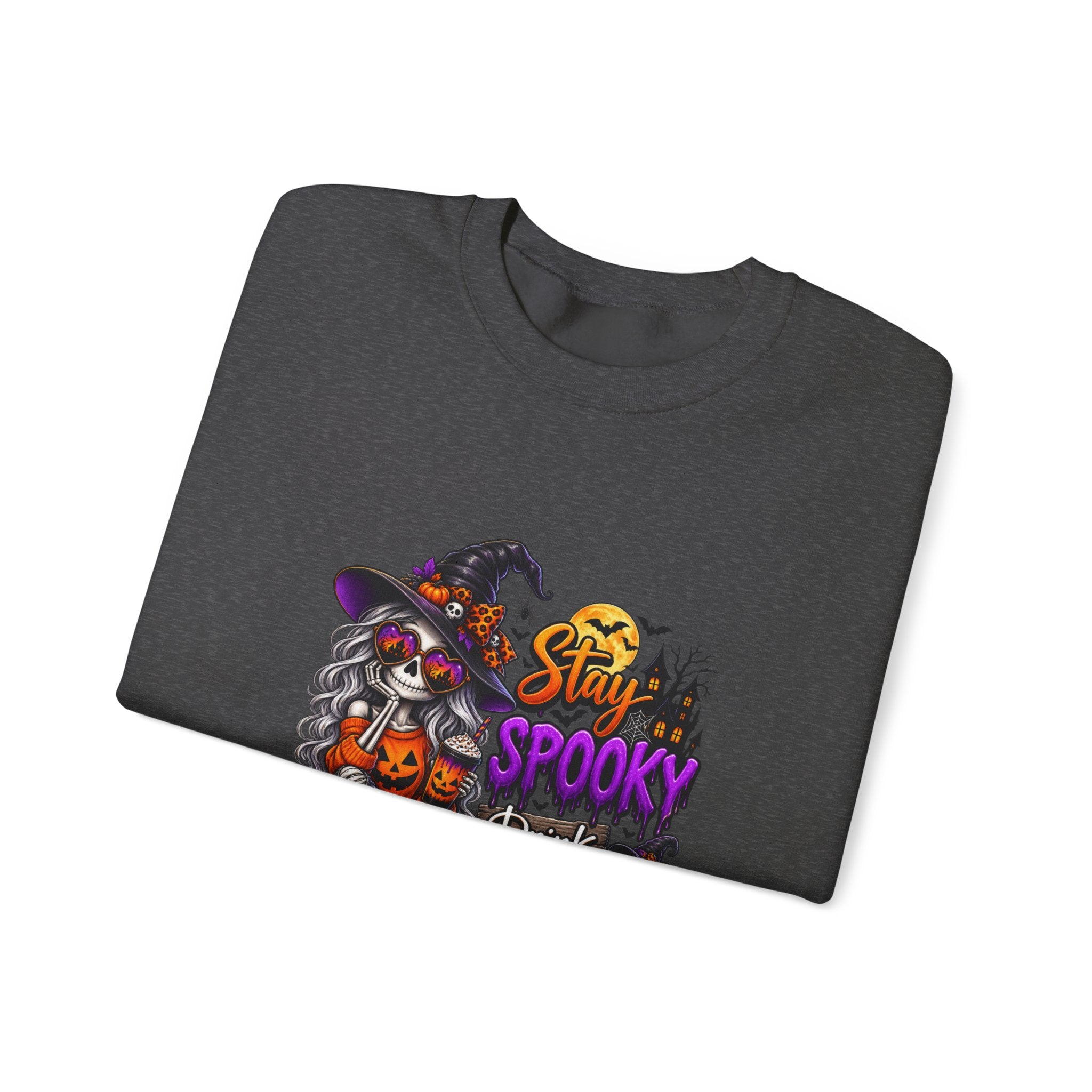 Halloween Crewneck Sweatshirt — "Stay Spooky, Drink Something Scary" Witch & Jack-O'-Lantern Design