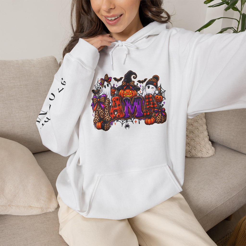 Halloween Mama Hoodie — Cute Spooky Pumpkin & Cat Graphic Sweatshirt (Mama 2026)