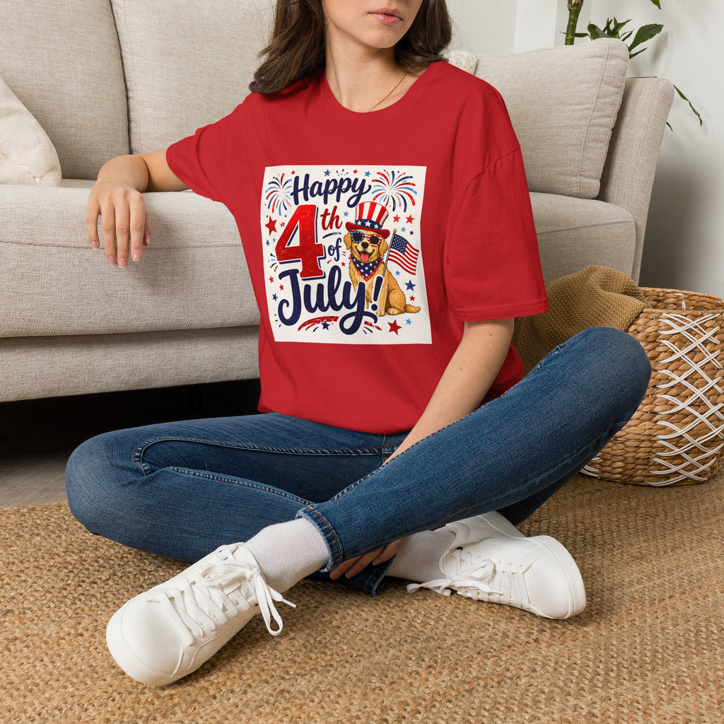 4th of July Dog T-Shirt — "Happy 4th of July" Patriotic Fireworks Tee