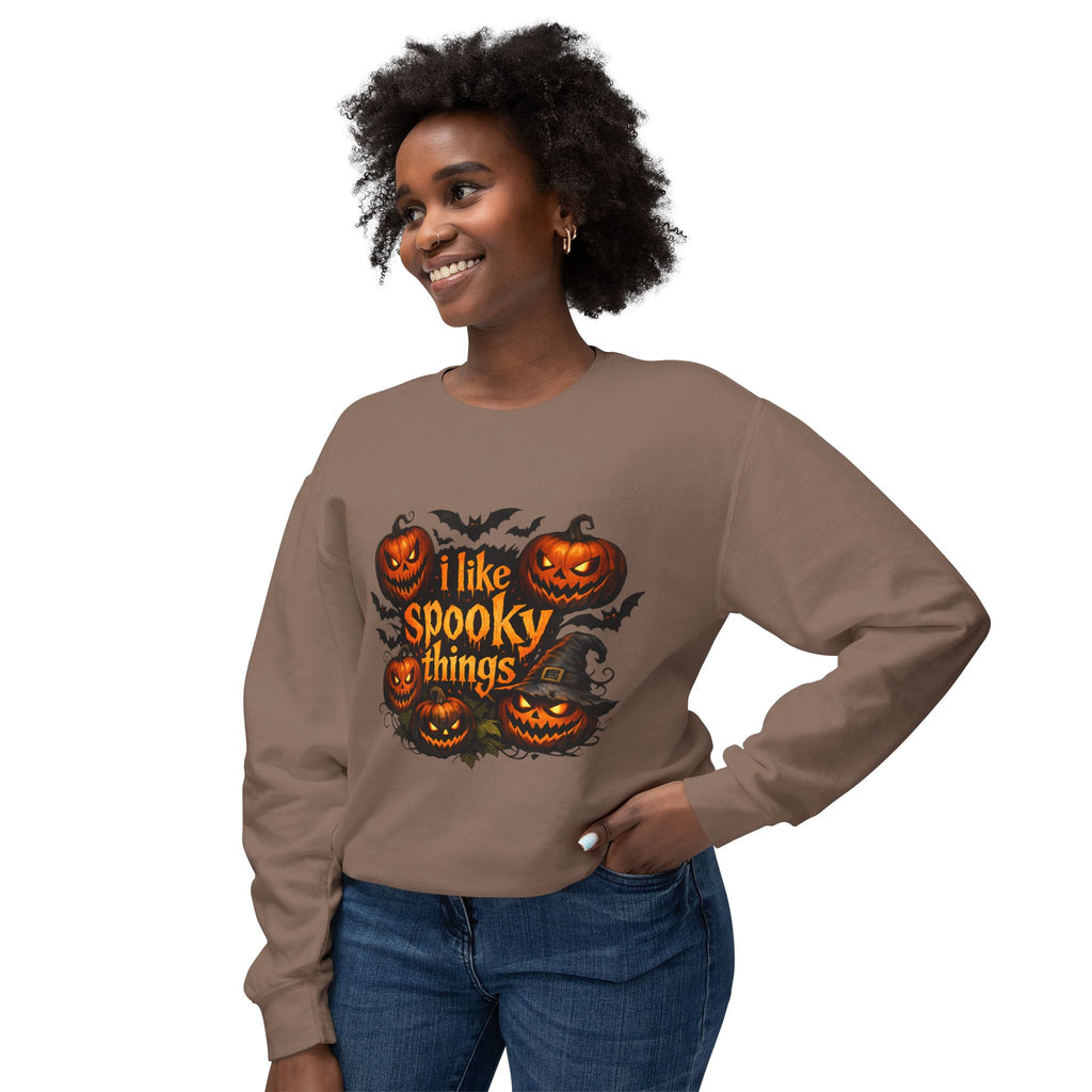 Halloween Sweatshirt — "I Like Spooky Things" Pumpkin & Bats Crewneck