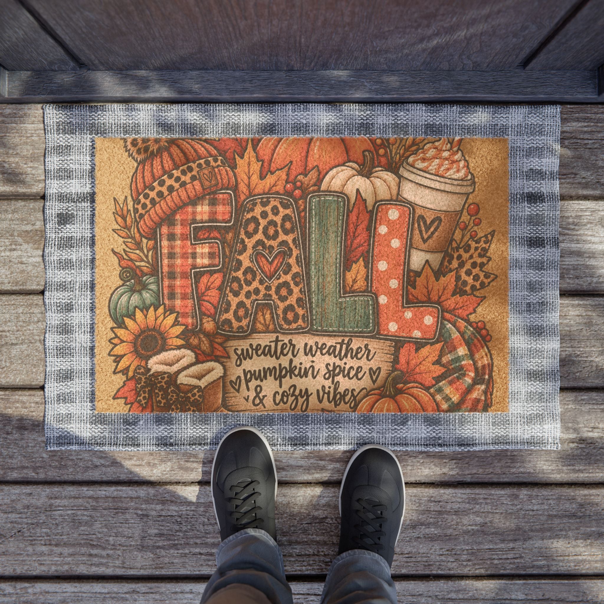 Fall Doormat — "Fall: Sweater Weather, Pumpkin Spice & Cozy Vibes" Autumn Welcome Mat