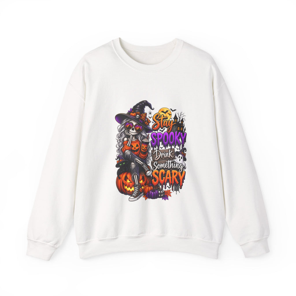 Halloween Crewneck Sweatshirt — "Stay Spooky, Drink Something Scary" Witch & Jack-O'-Lantern Design