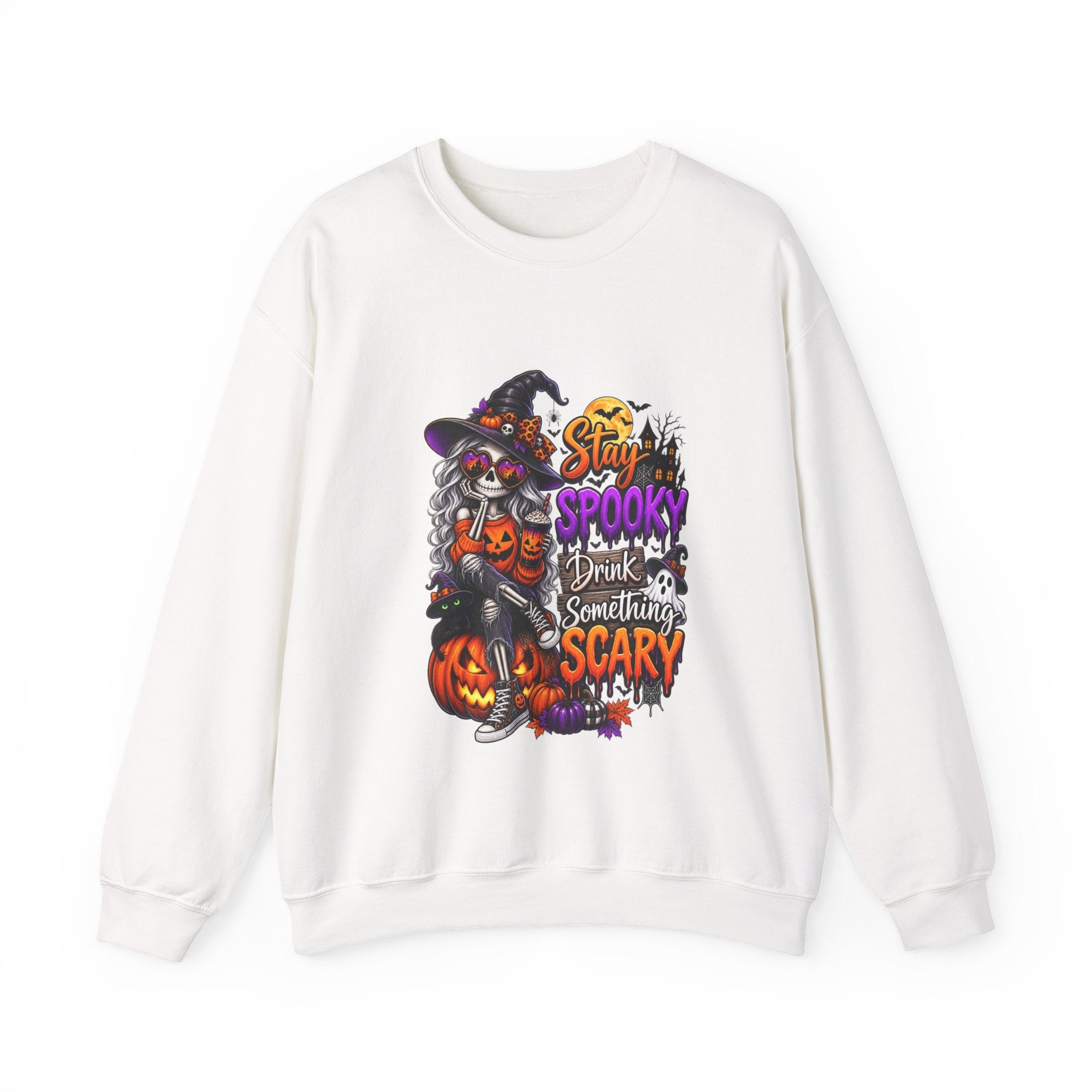 Halloween Crewneck Sweatshirt — "Stay Spooky, Drink Something Scary" Witch & Jack-O'-Lantern Design