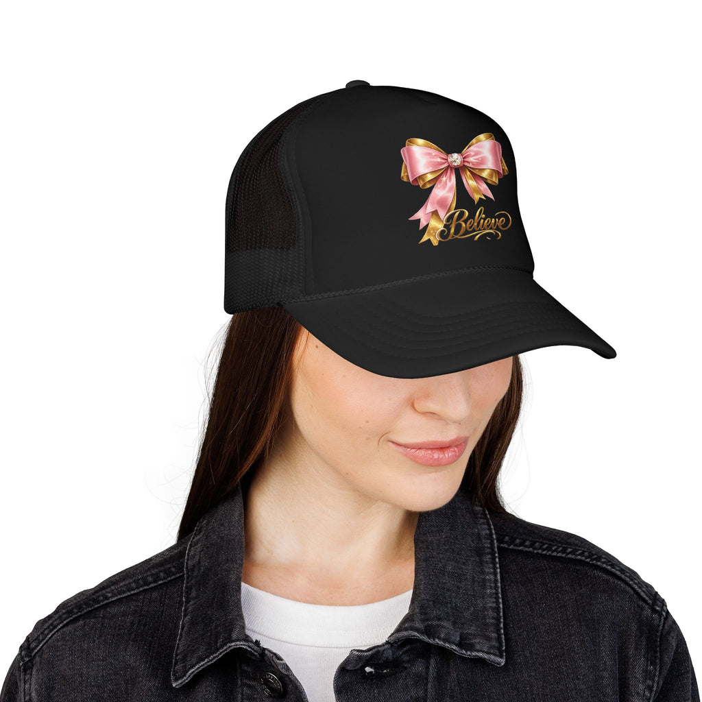 Believe Bow Trucker Hat – Pink Ribbon & Gold Script Foam Cap