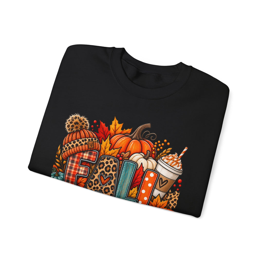 Fall Cozy Crewneck Sweatshirt — Pumpkin, Plaid & Coffee Autumn Graphic