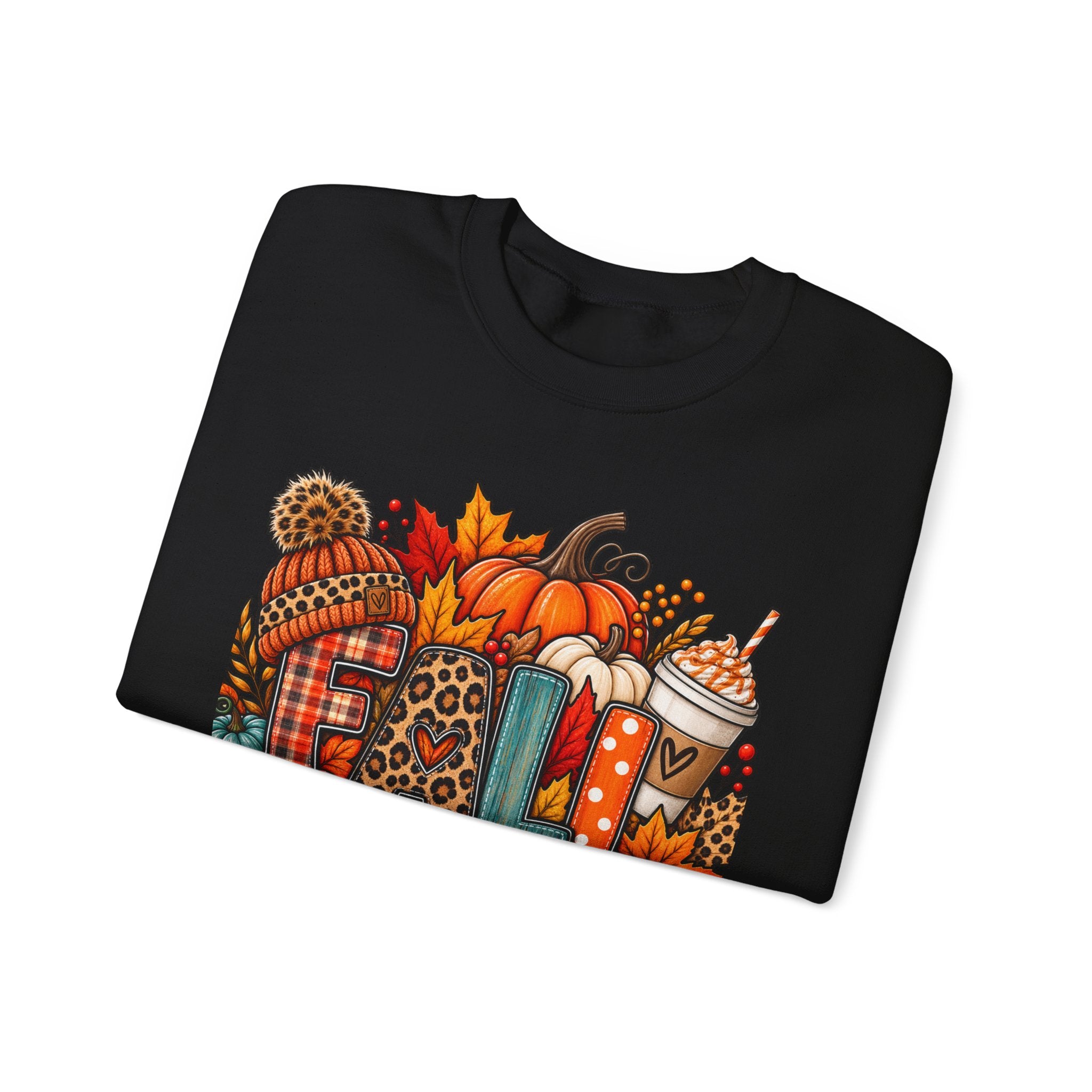 Fall Cozy Crewneck Sweatshirt — Pumpkin, Plaid & Coffee Autumn Graphic
