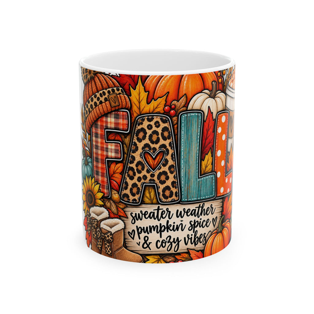 Fall Cozy Ceramic Mug – “Sweater Weather, Pumpkin Spice & Cozy Vibes” Autumn Coffee Cup (11oz/15oz)