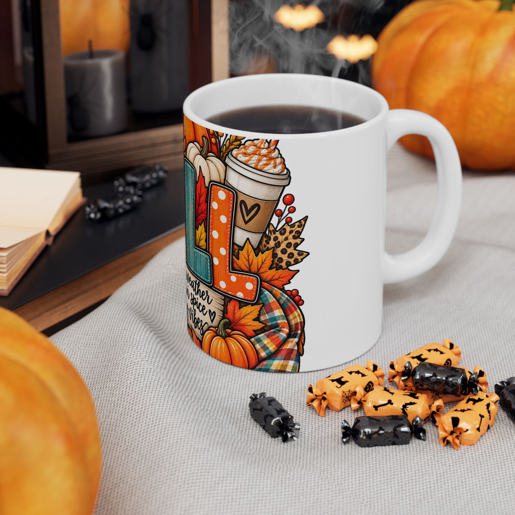 Fall Cozy Ceramic Mug – “Sweater Weather, Pumpkin Spice & Cozy Vibes” Autumn Coffee Cup (11oz/15oz)