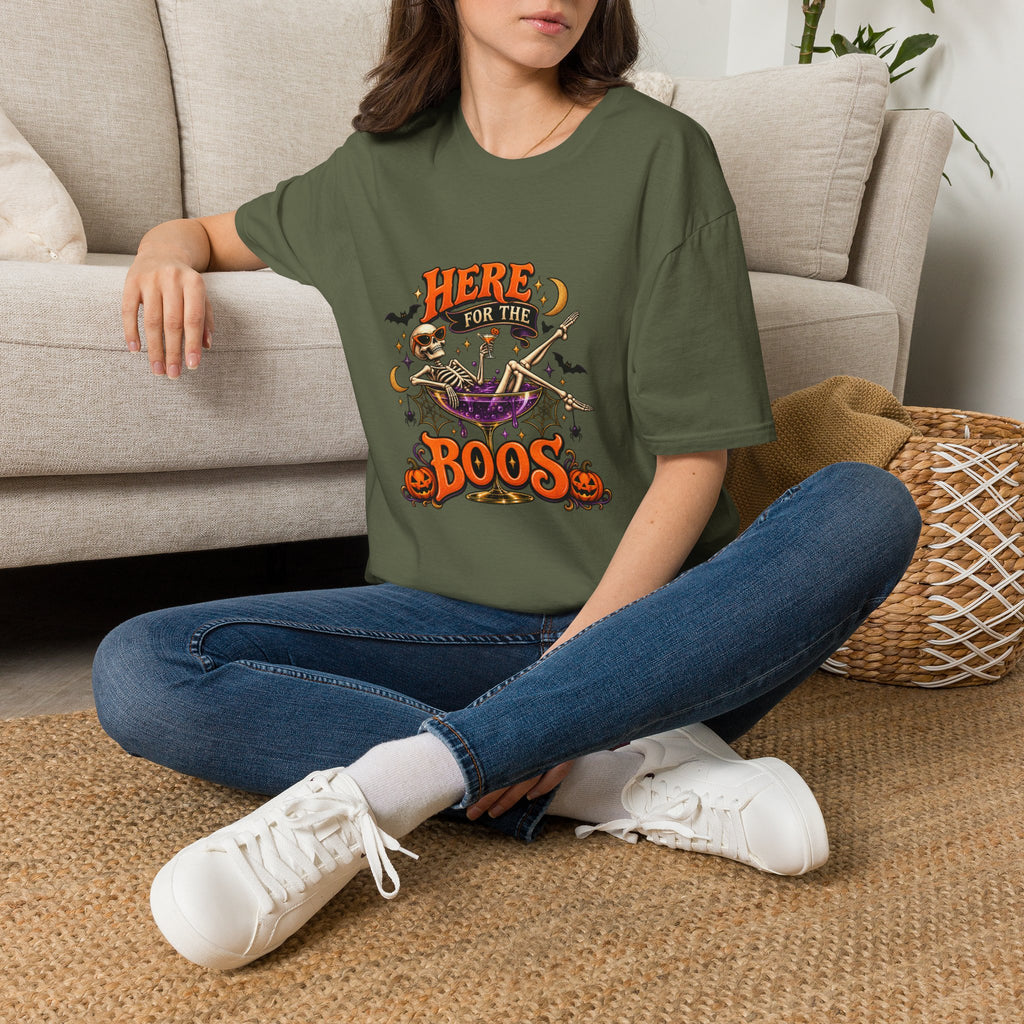 Here for the Boos Halloween T-Shirt — Skeleton Cauldron & Pumpkin Graphic Tee
