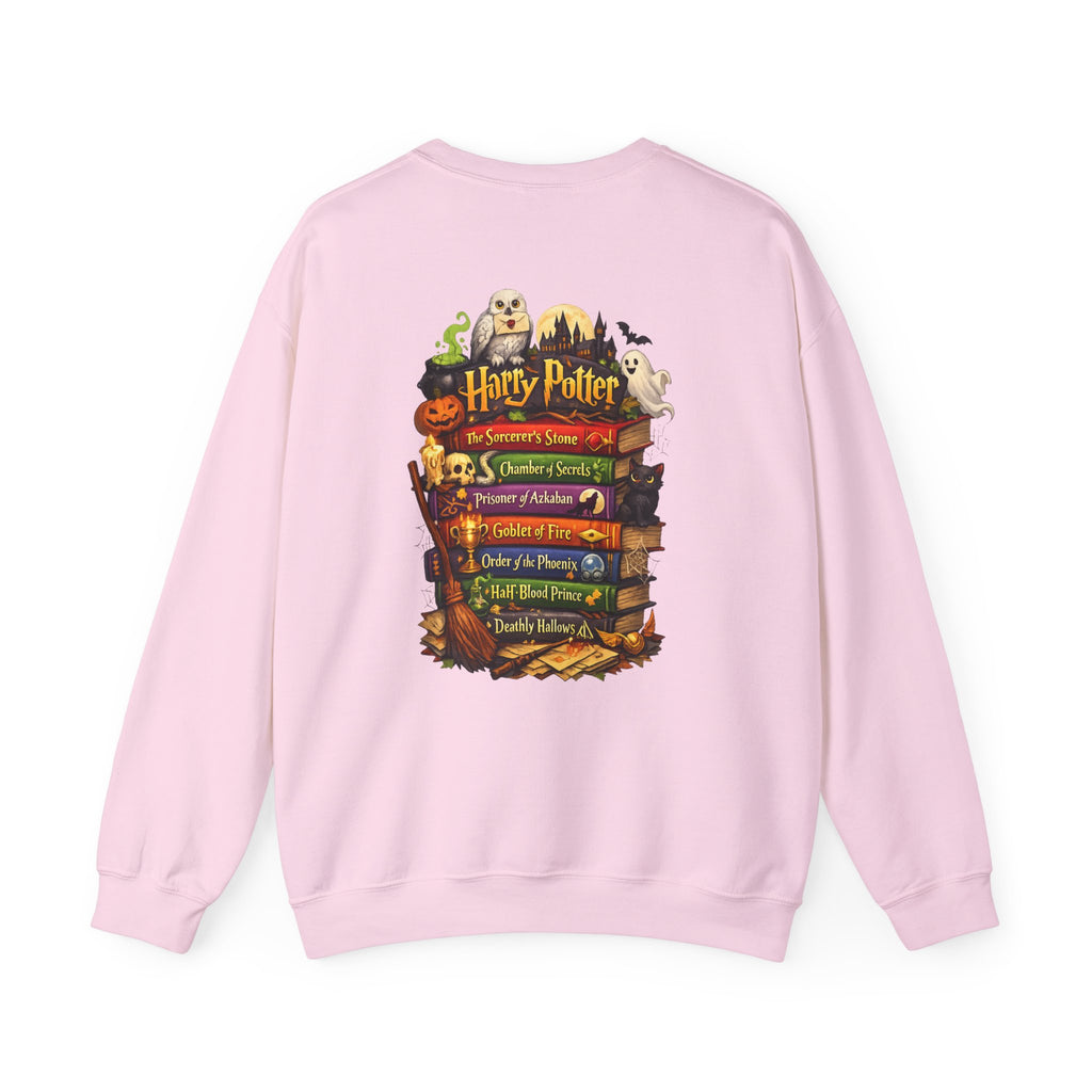 Harry Potter Stack Crewneck Sweatshirt — Book Spine Design with Owls & Autumn Icons