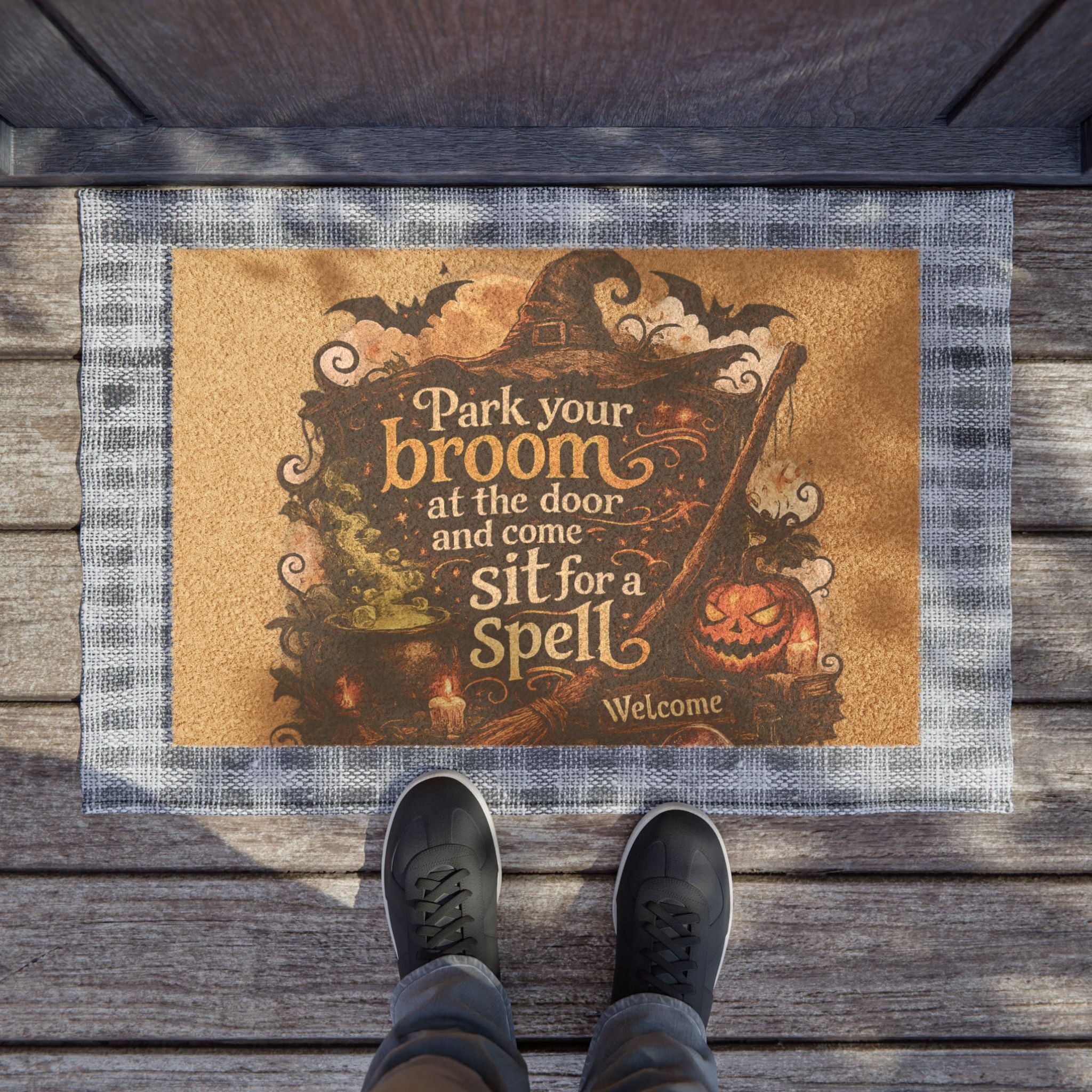 Halloween Witch Doormat — "Park Your Broom… Sit for a Spell" Welcome Mat
