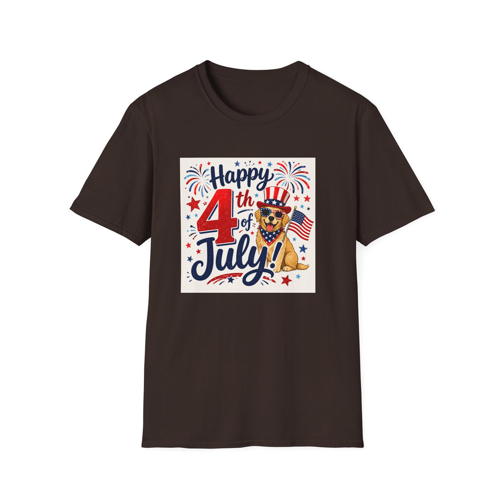 4th of July Dog T-Shirt — "Happy 4th of July" Patriotic Fireworks Tee
