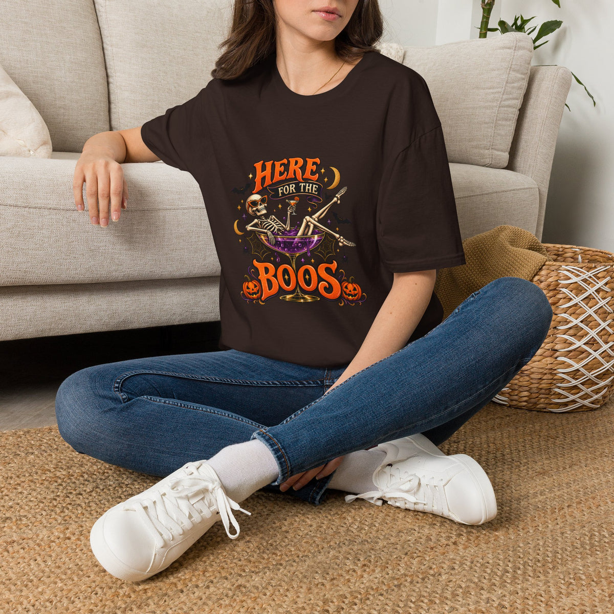 Here for the Boos Halloween T-Shirt — Skeleton Cauldron & Pumpkin Graphic Tee