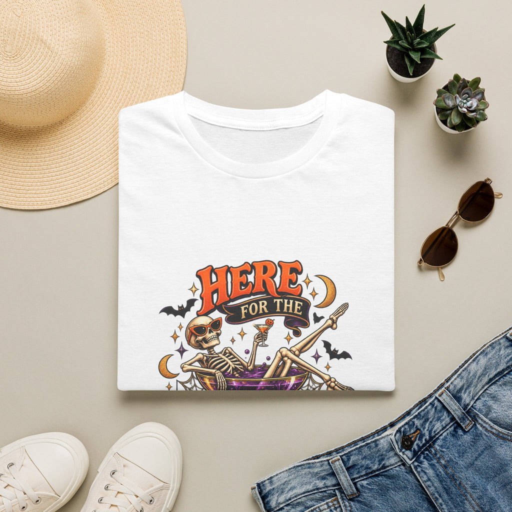 Here for the Boos Halloween T-Shirt — Skeleton Cauldron & Pumpkin Graphic Tee