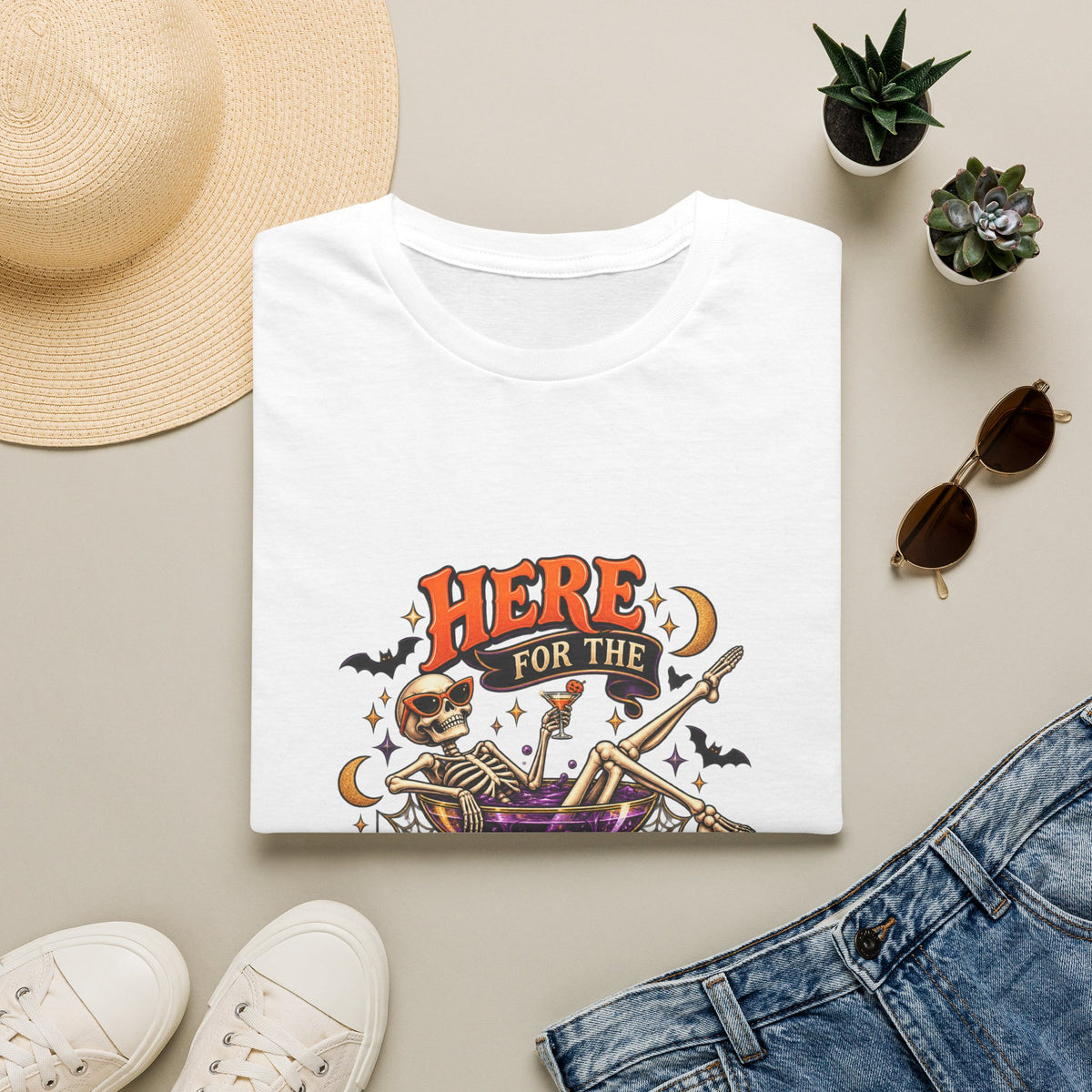 Here for the Boos Halloween T-Shirt — Skeleton Cauldron & Pumpkin Graphic Tee