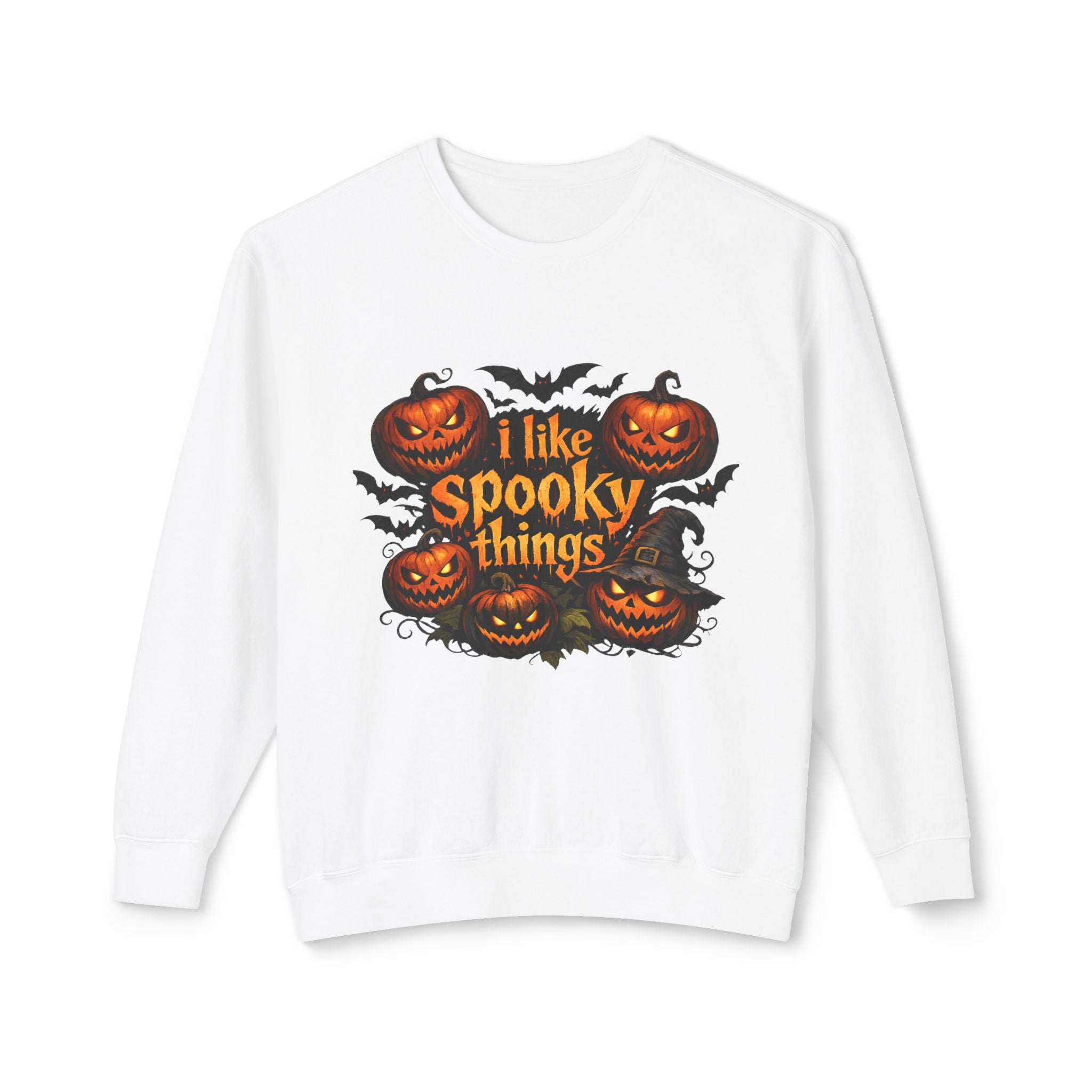 Halloween Sweatshirt — "I Like Spooky Things" Pumpkin & Bats Crewneck