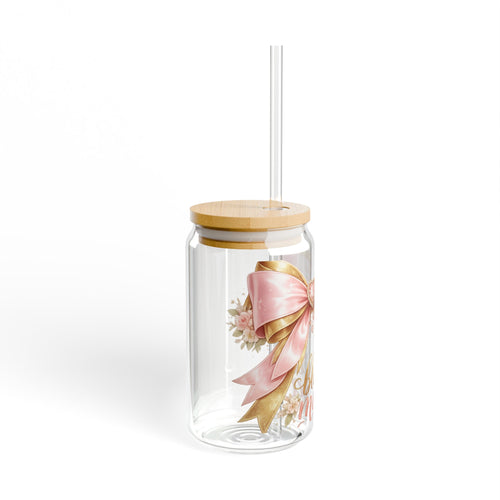 Blessed Mama Glass Sipper - 16oz Pink Ribbon Floral Tumbler with Straw