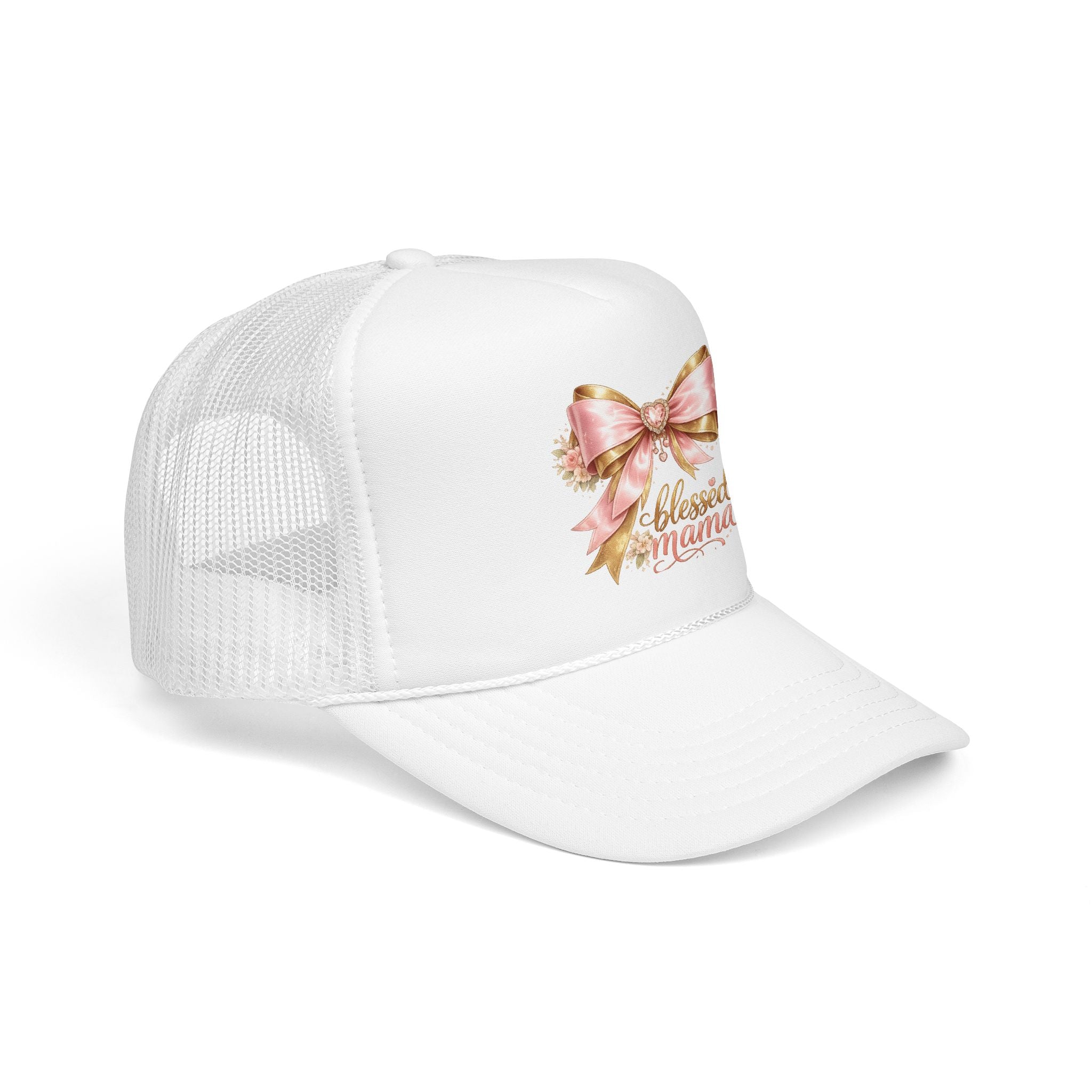 Blessed Mama Trucker Hat — Pink Ribbon Floral Mom Cap