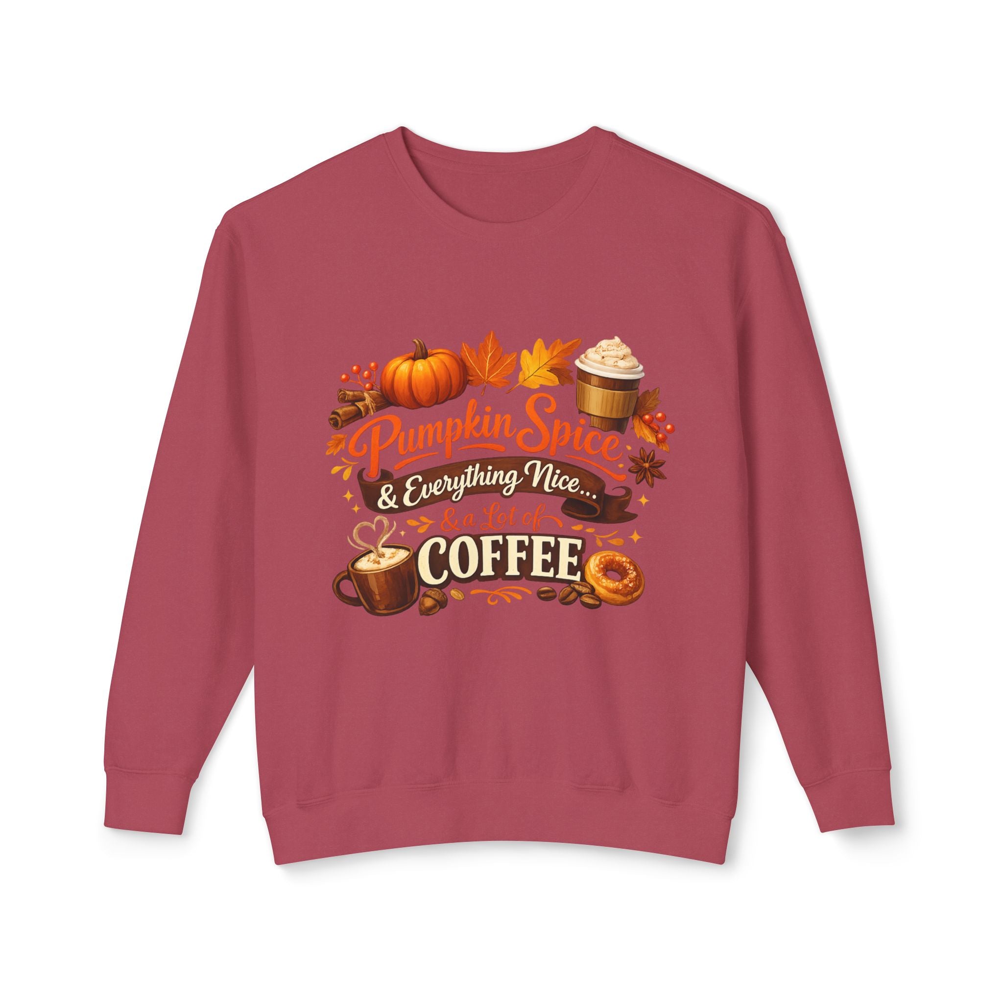 Pumpkin Spice & Coffee Crewneck Sweatshirt — Fall Cozy Coffee Lover Pullover