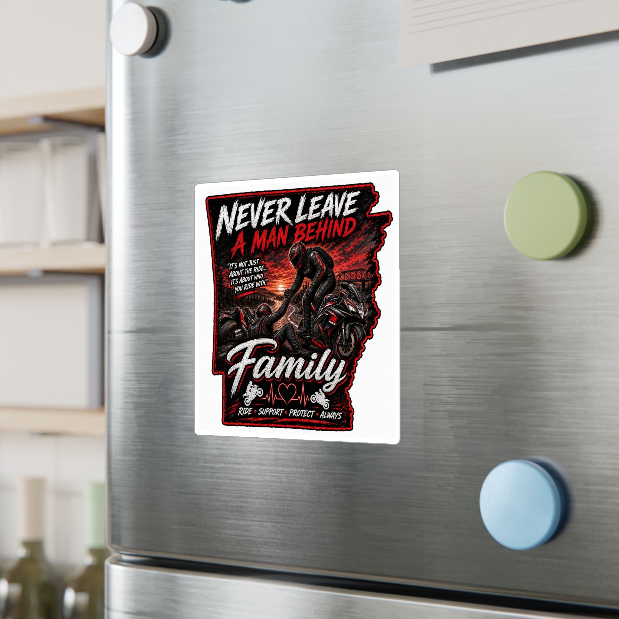 Kiss-Cut Sticker — “Never Leave a Man Behind” Motorcycle Family Rescue Decal