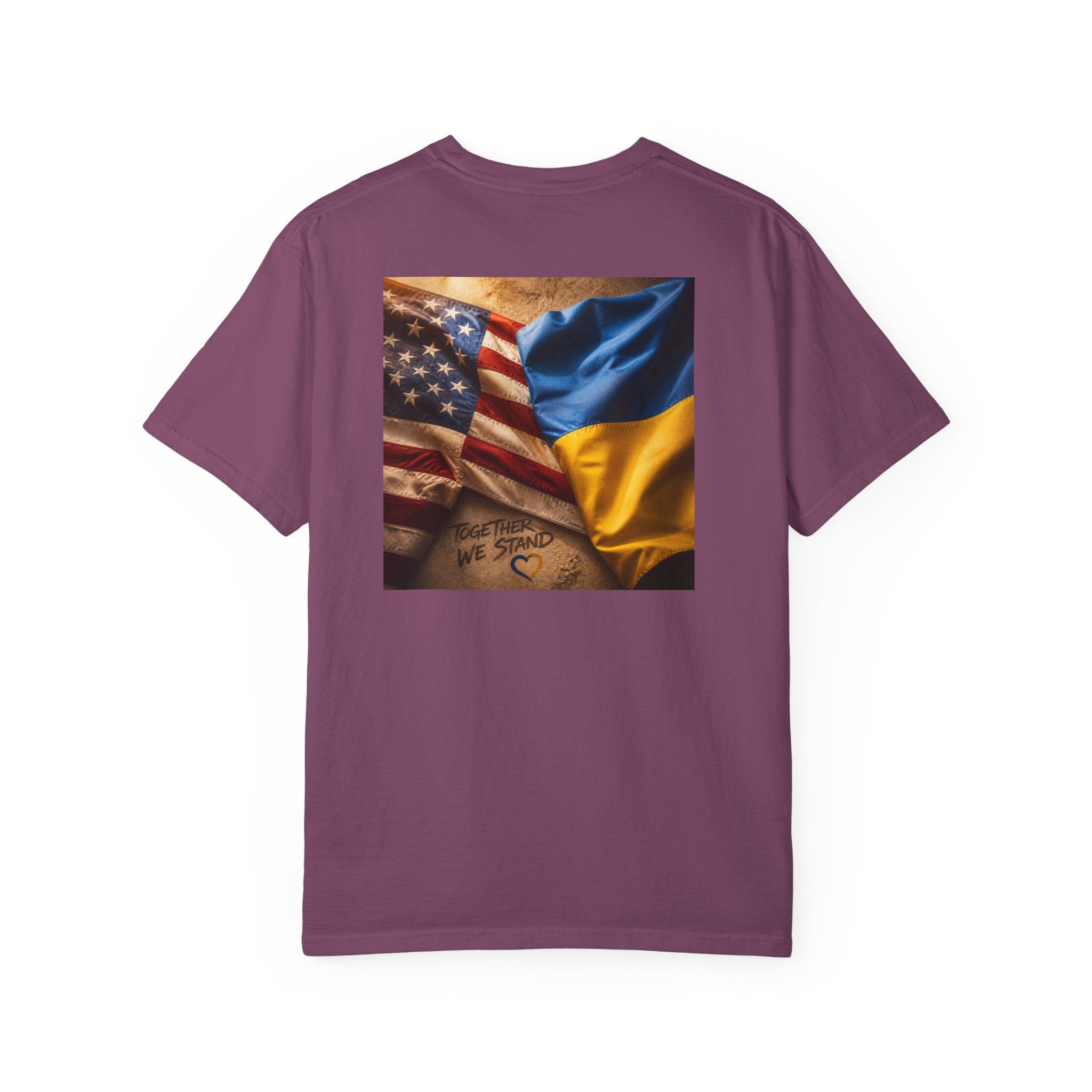 T-Shirt — USA & Ukraine Flag Heart Graphic Tee (Back Flag Image)