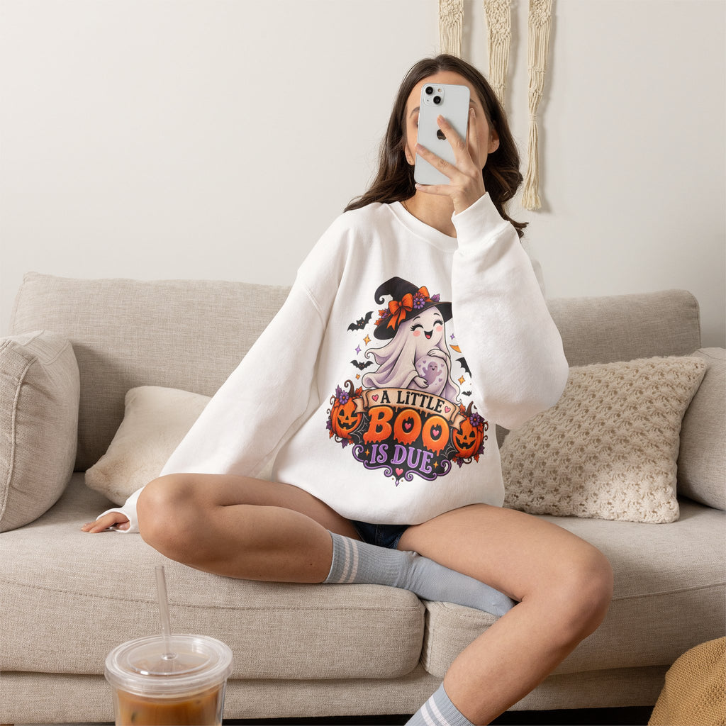 Halloween Maternity Sweatshirt — "A Little Boo Is Due" Ghost Mom Crewneck