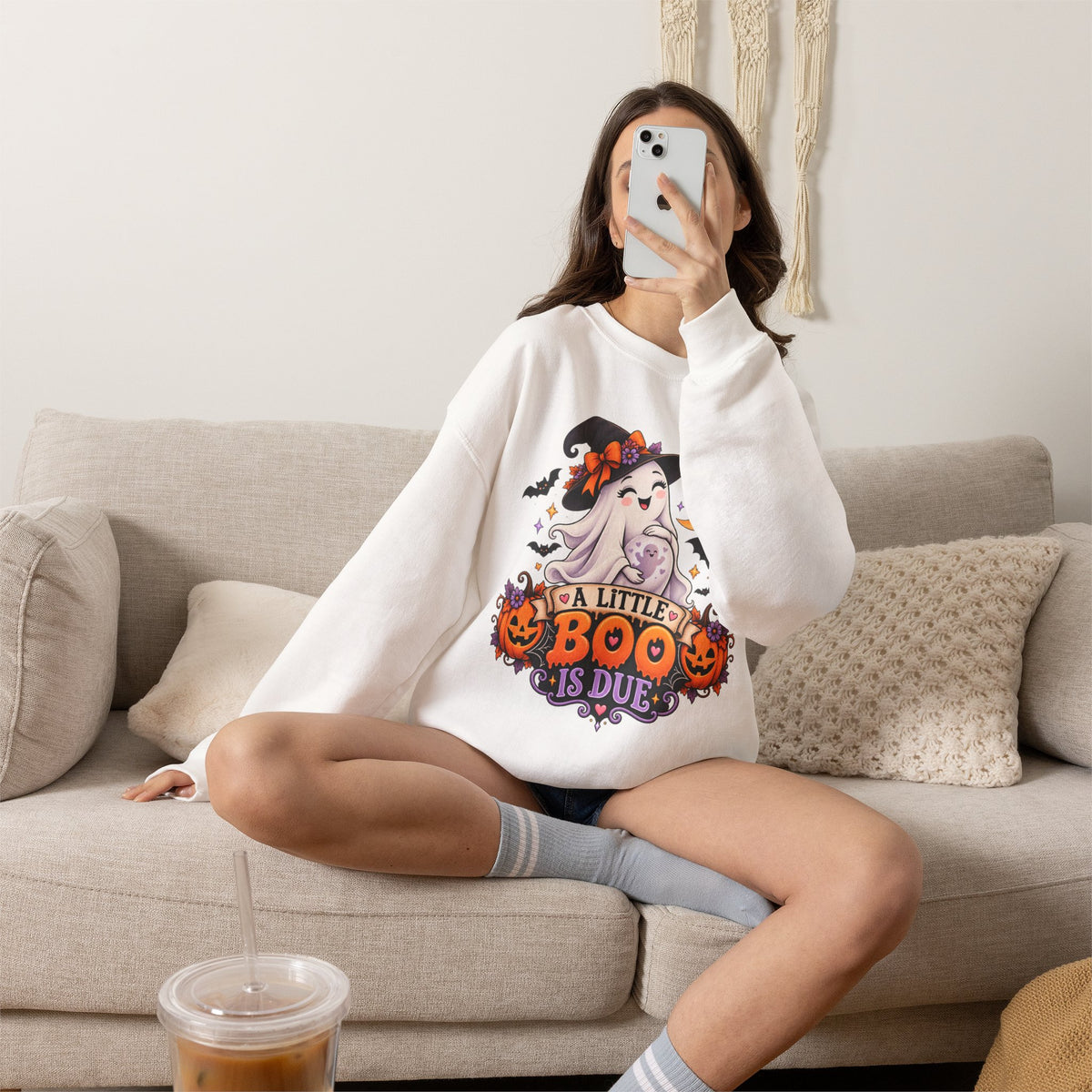 Halloween Maternity Sweatshirt — "A Little Boo Is Due" Ghost Mom Crewneck