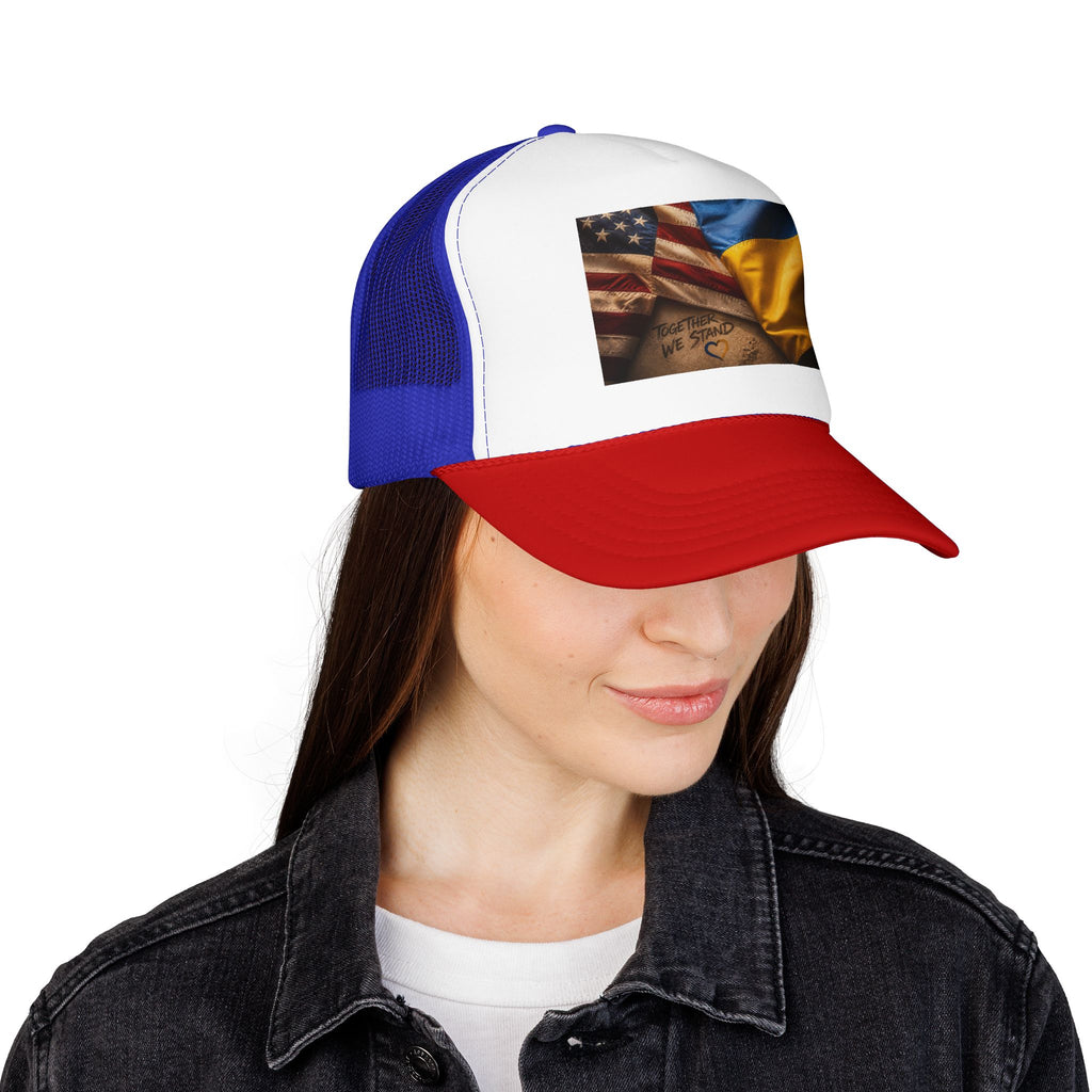 Trucker Hat — American & Ukrainian Flags "Together We Stand" Patriotic Foam Cap