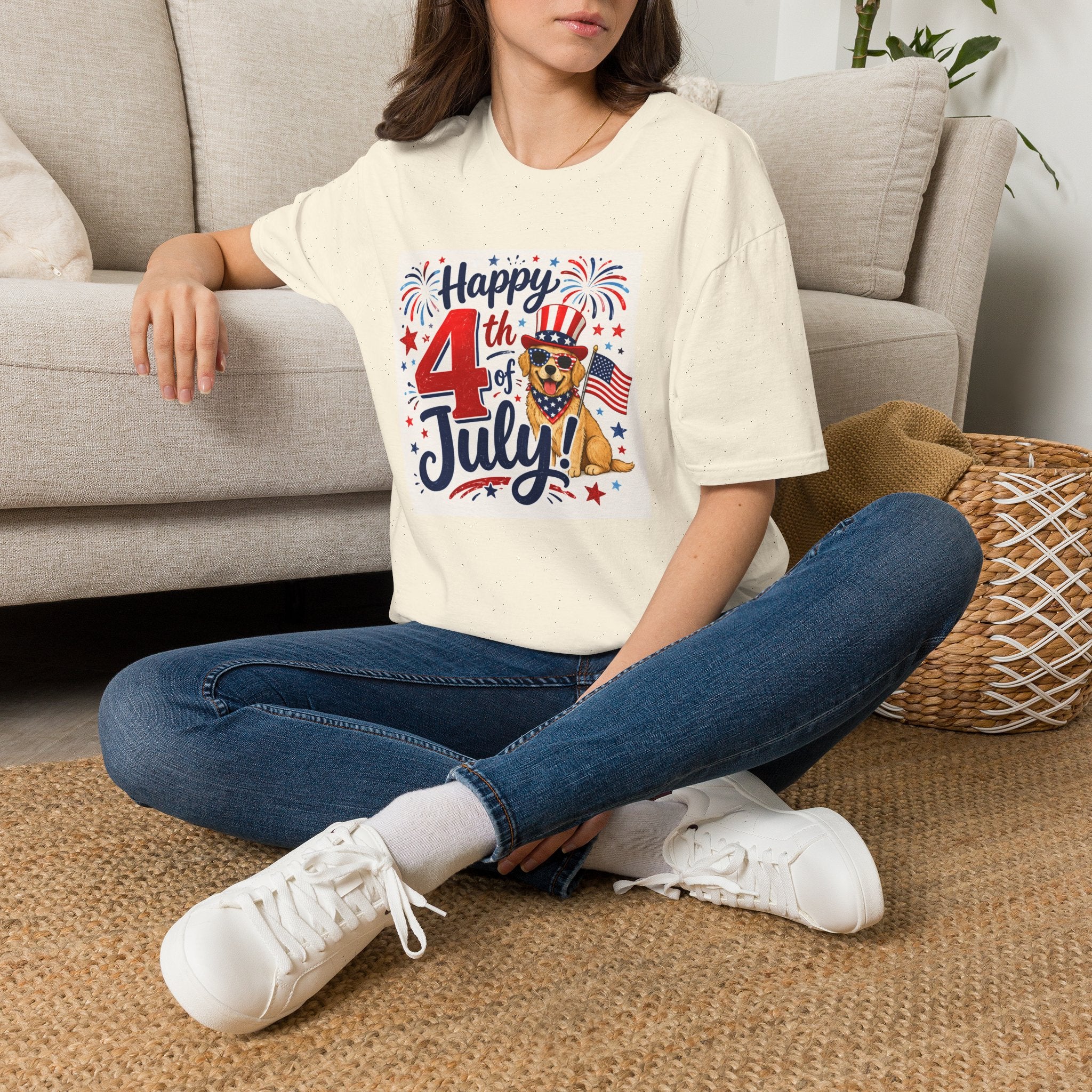 4th of July Dog T-Shirt — "Happy 4th of July" Patriotic Fireworks Tee