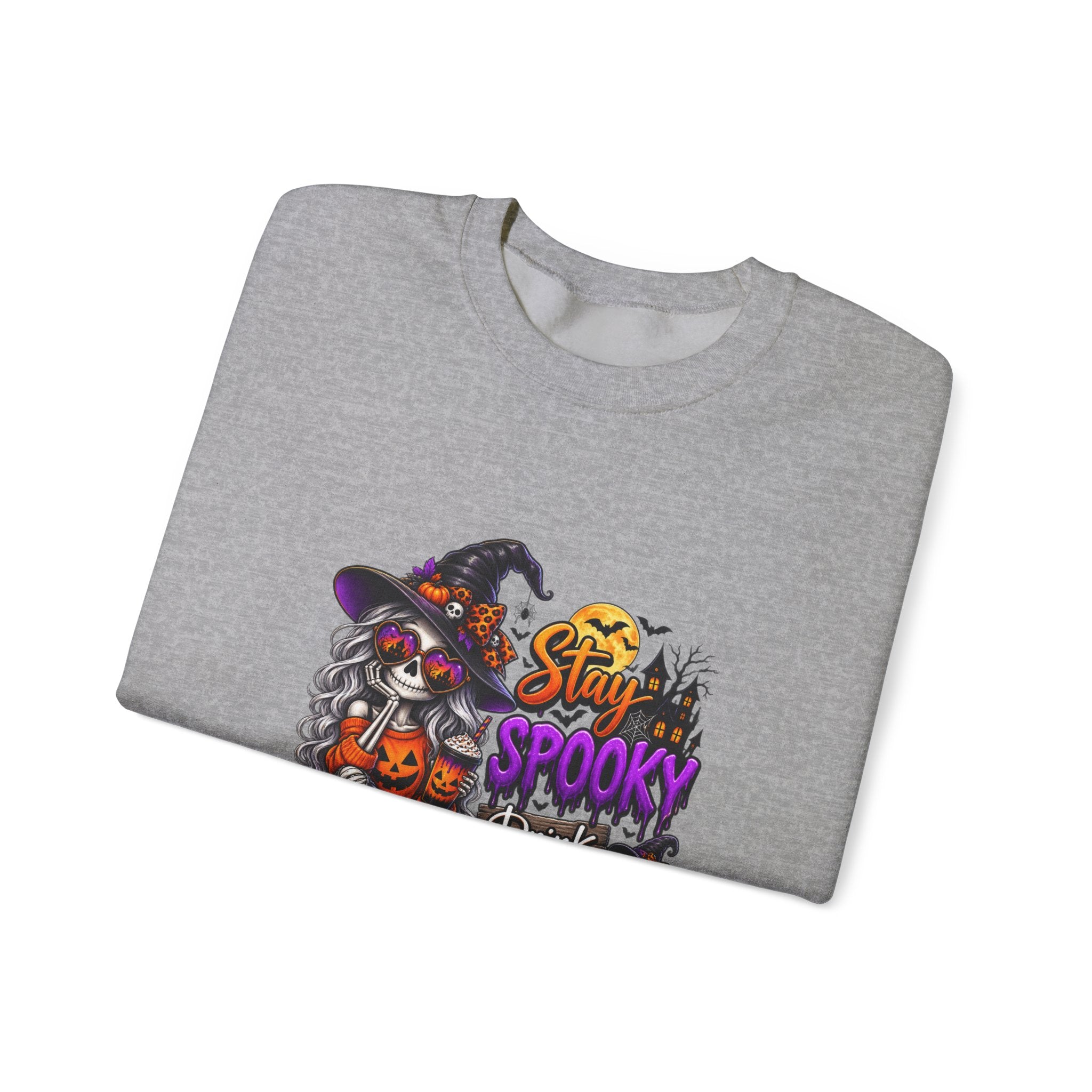 Halloween Crewneck Sweatshirt — "Stay Spooky, Drink Something Scary" Witch & Jack-O'-Lantern Design