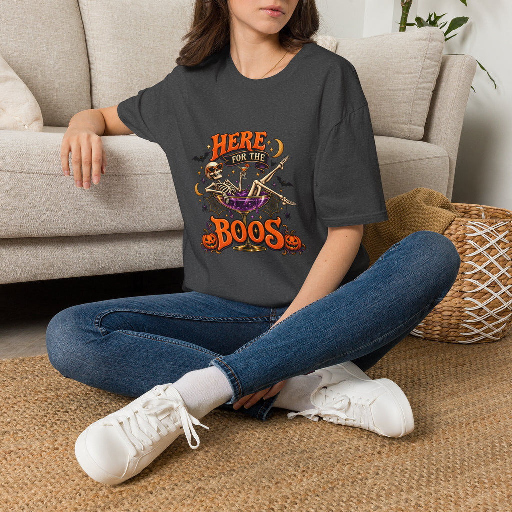 Here for the Boos Halloween T-Shirt — Skeleton Cauldron & Pumpkin Graphic Tee