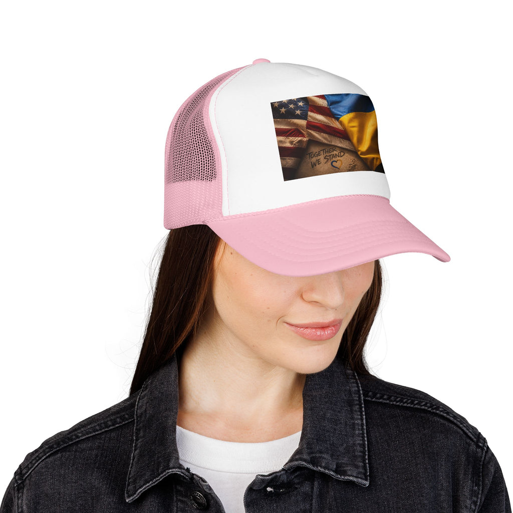 Trucker Hat — American & Ukrainian Flags "Together We Stand" Patriotic Foam Cap