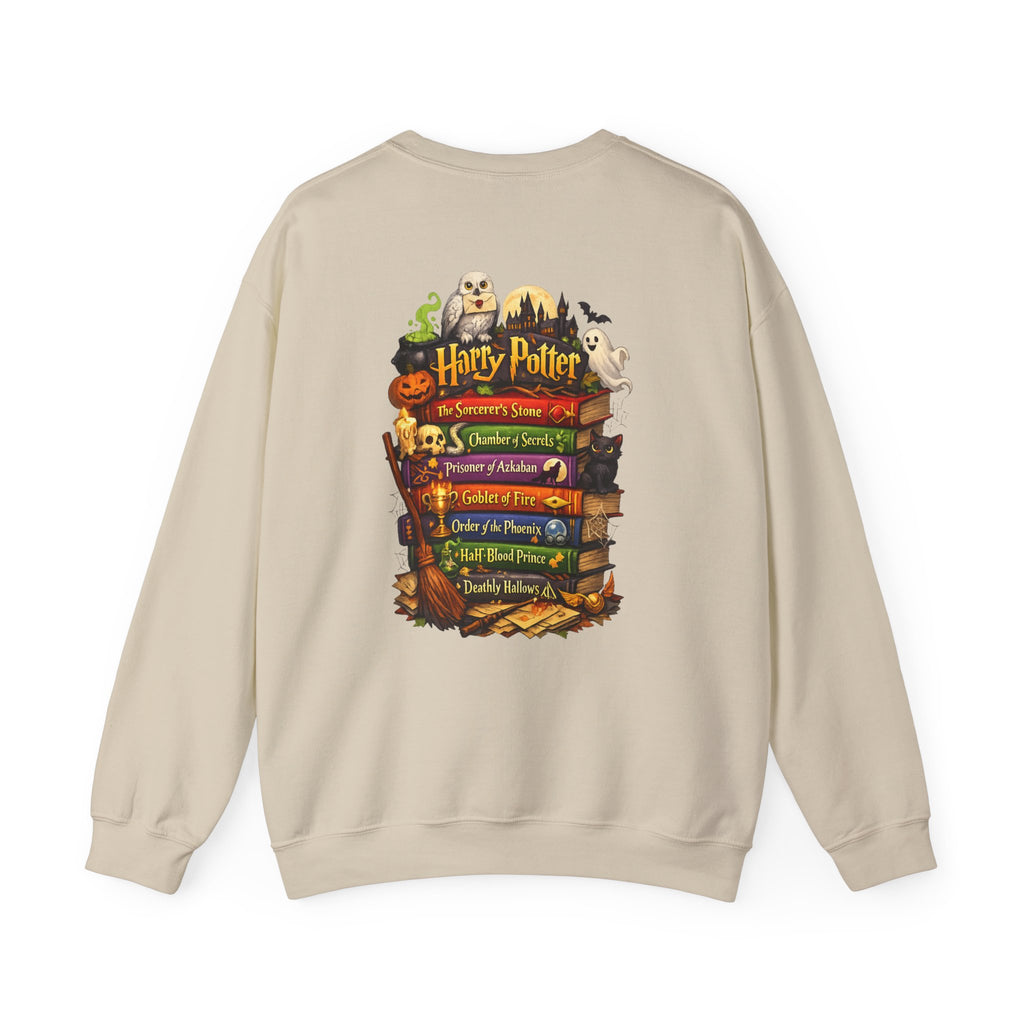 Harry Potter Stack Crewneck Sweatshirt — Book Spine Design with Owls & Autumn Icons