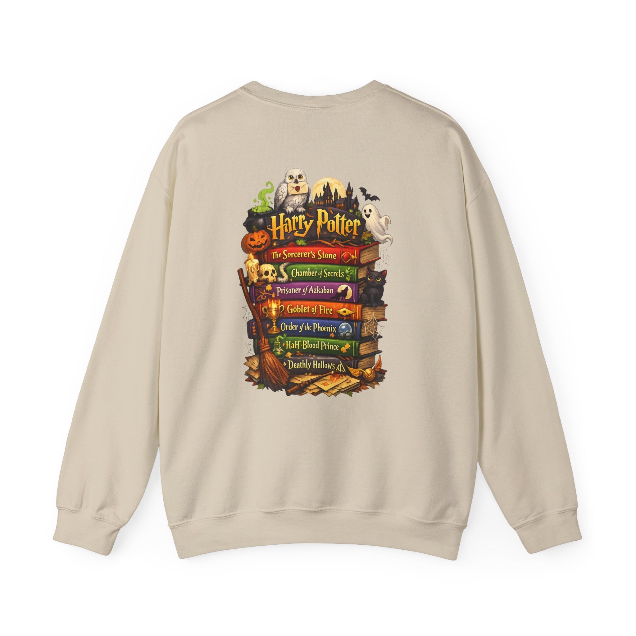 Harry Potter Stack Crewneck Sweatshirt — Book Spine Design with Owls & Autumn Icons